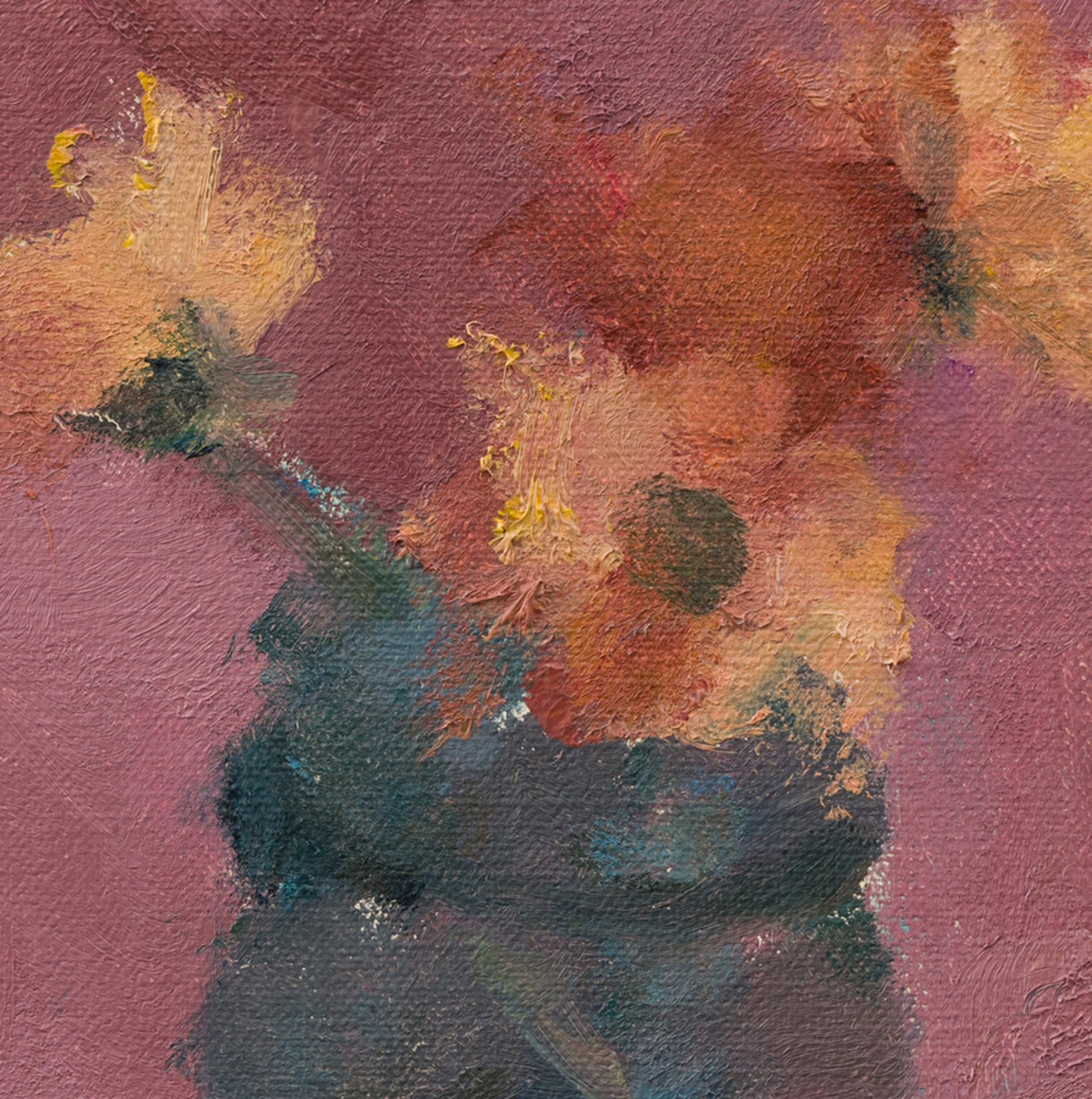 A painting of yellow flowers in a vase on a pink background.