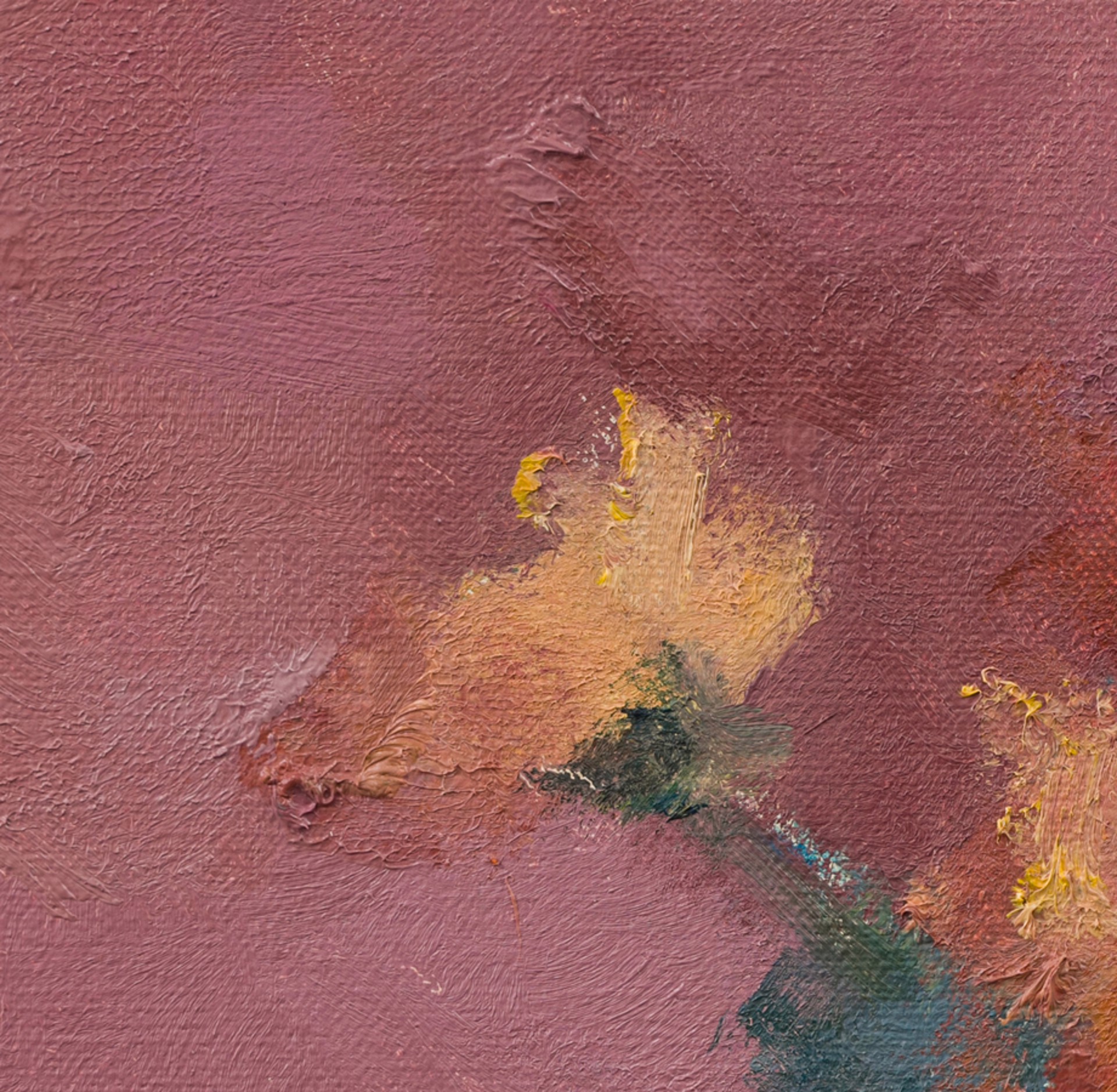 A painting of yellow flowers in a vase on a pink background.