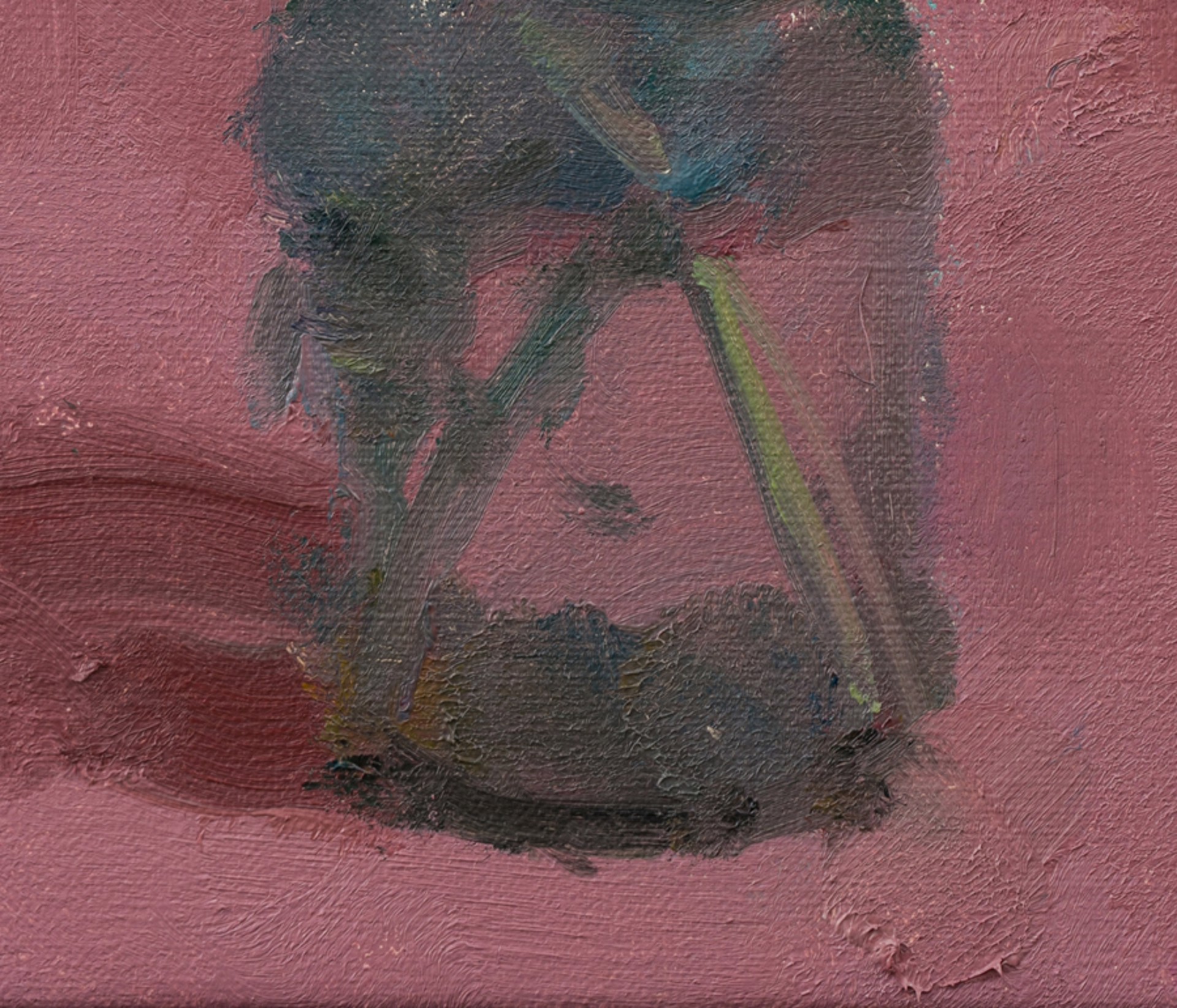 A painting of yellow flowers in a vase on a pink background.