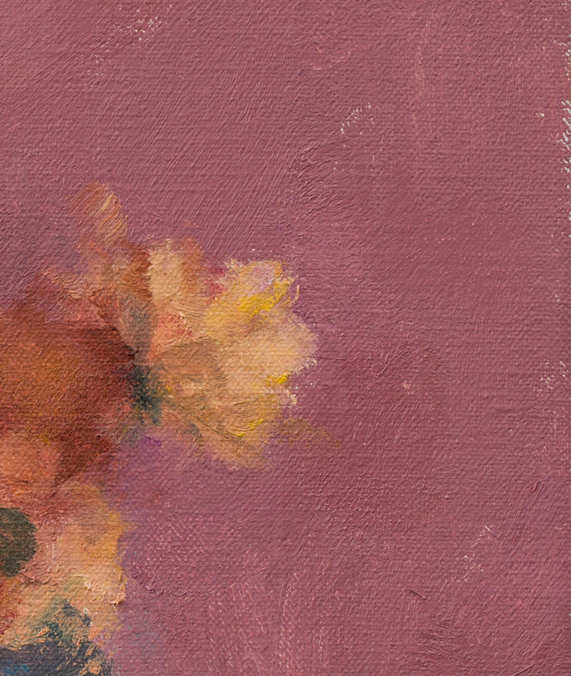 A painting of yellow flowers in a vase on a pink background.