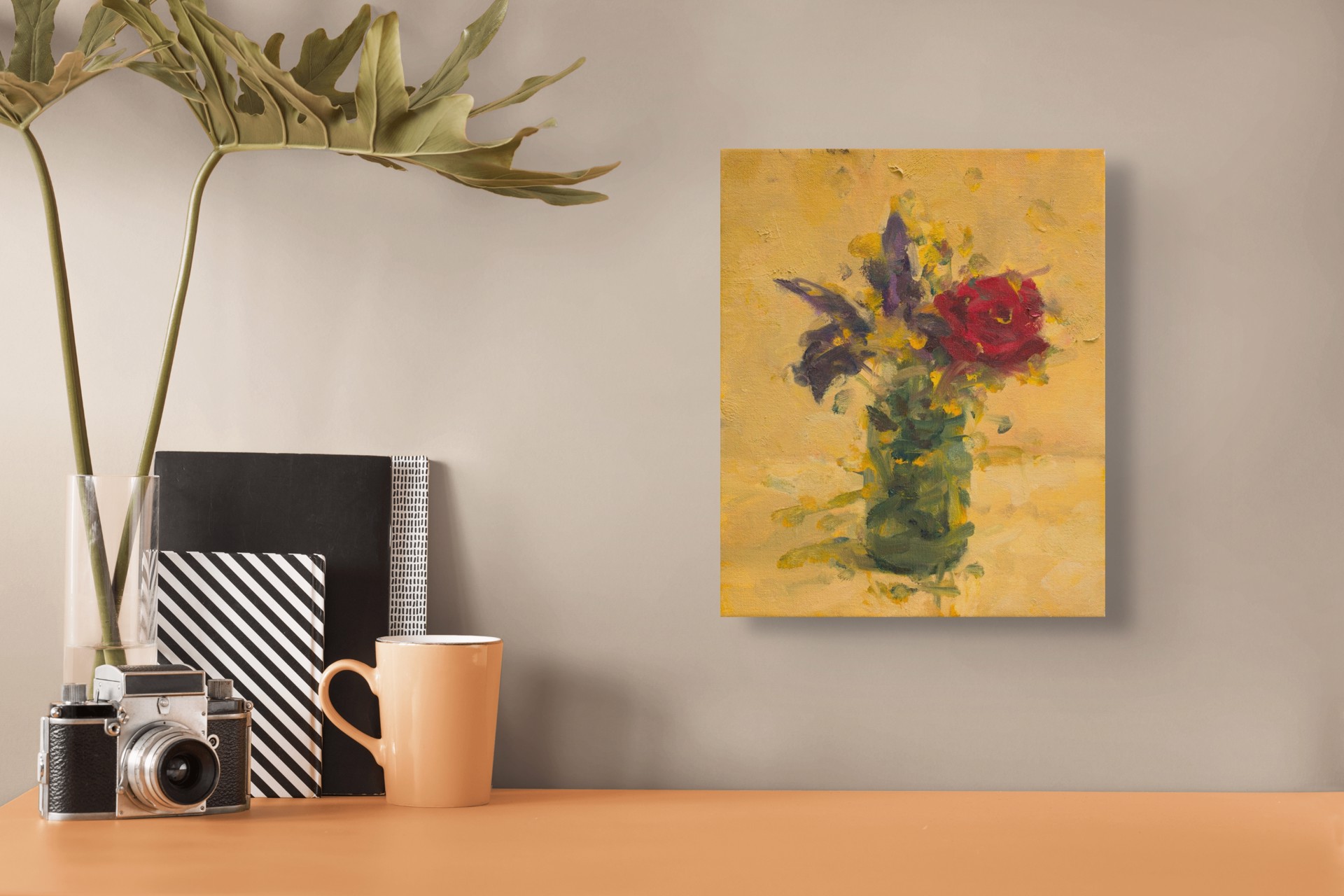 A vibrant still life of a bouquet in a green vase against a textured yellow background.