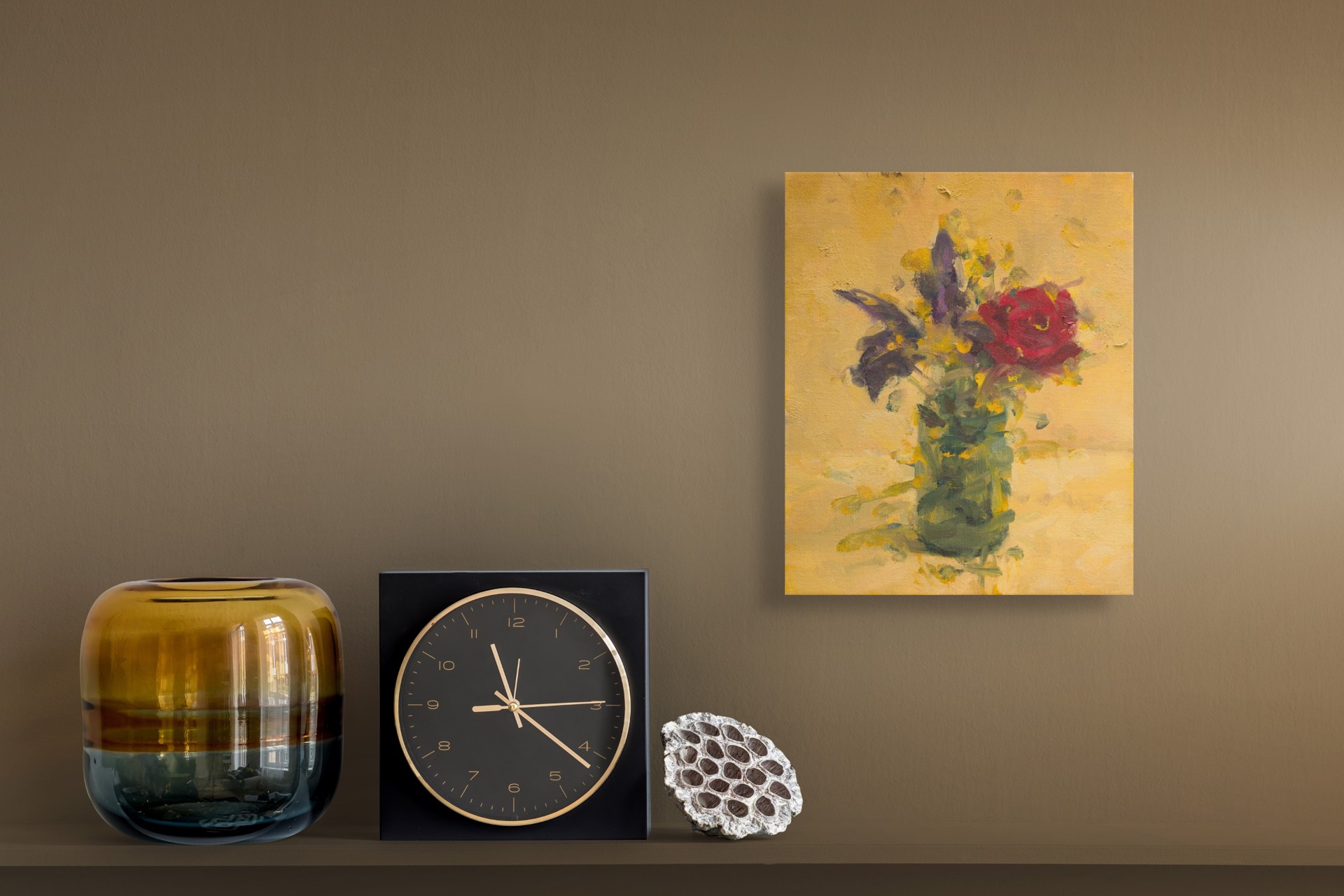 A vibrant still life of a bouquet in a green vase against a textured yellow background.