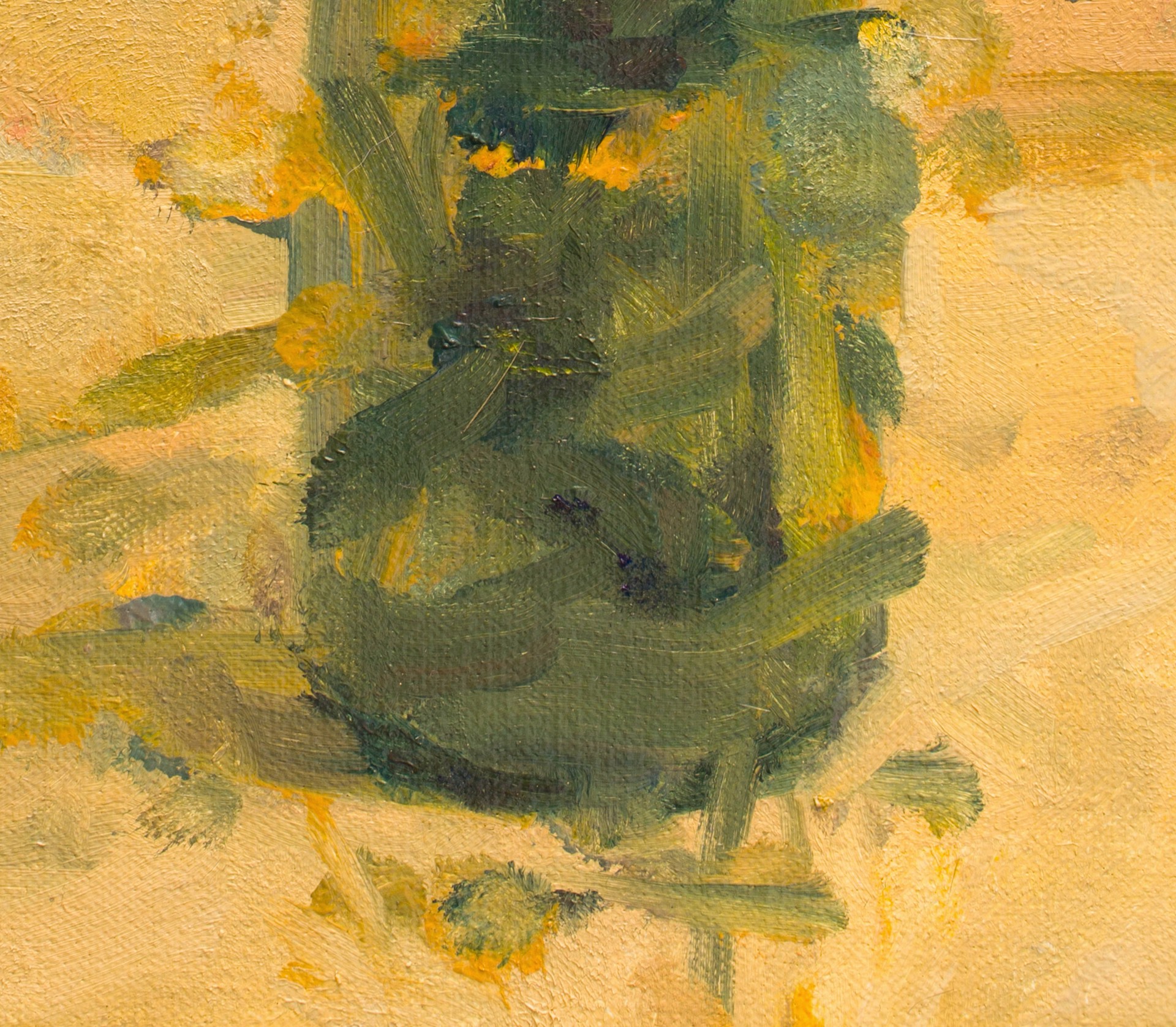 A vibrant still life of a bouquet in a green vase against a textured yellow background.