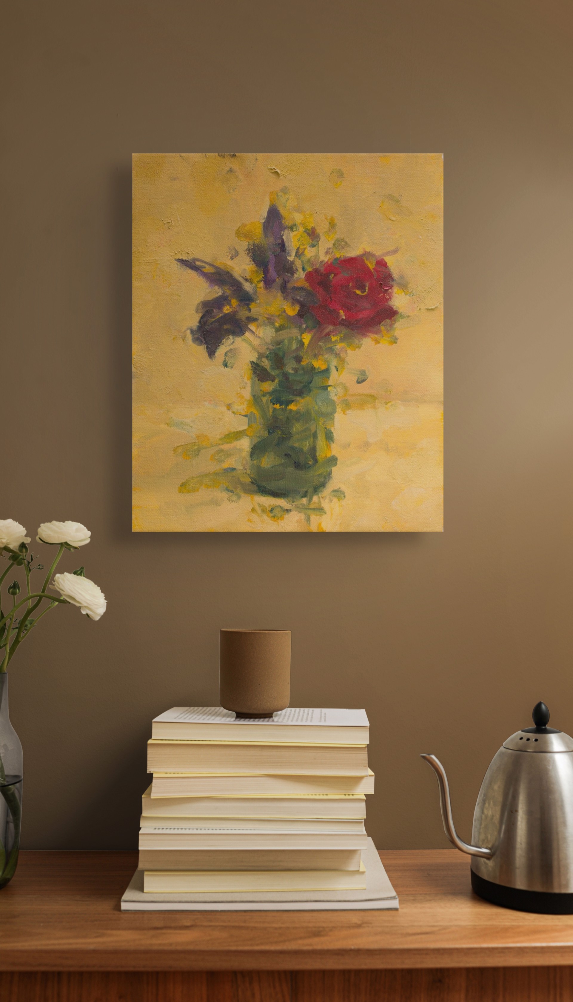 A vibrant still life of a bouquet in a green vase against a textured yellow background.