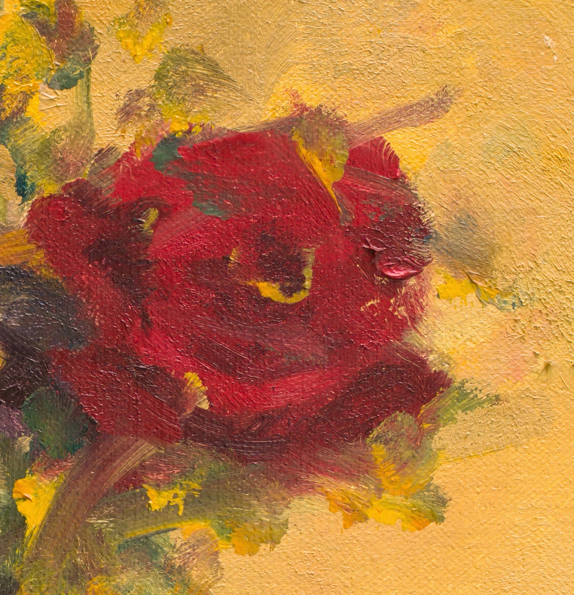 A vibrant still life of a bouquet in a green vase against a textured yellow background.
