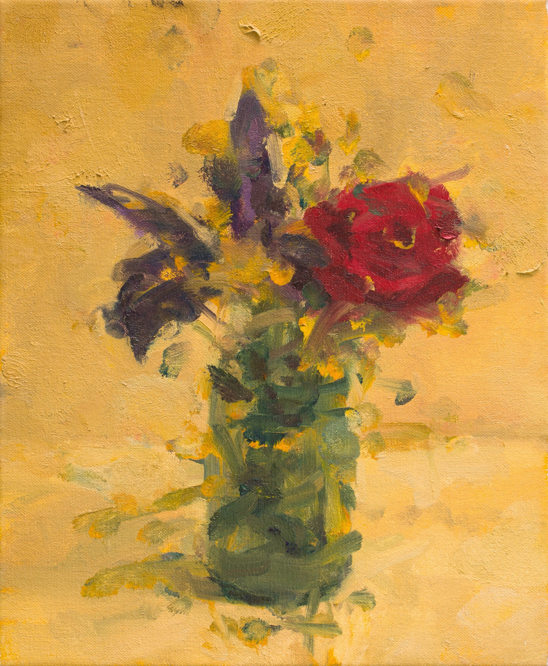 A vibrant still life of a bouquet in a green vase against a textured yellow background.