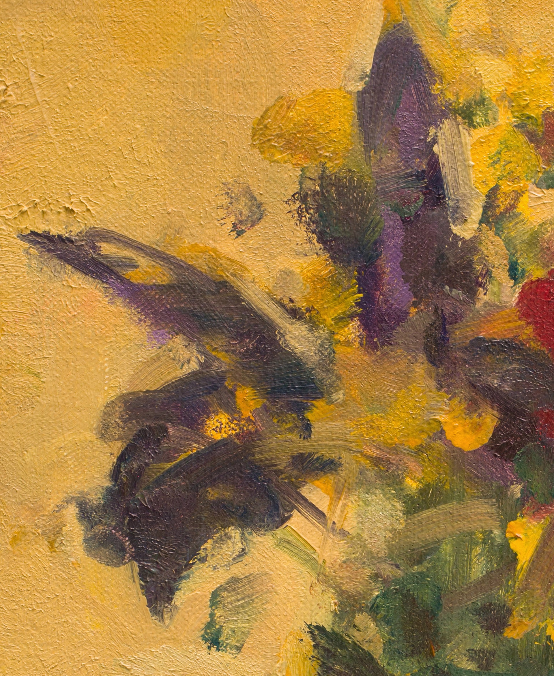 A vibrant still life of a bouquet in a green vase against a textured yellow background.