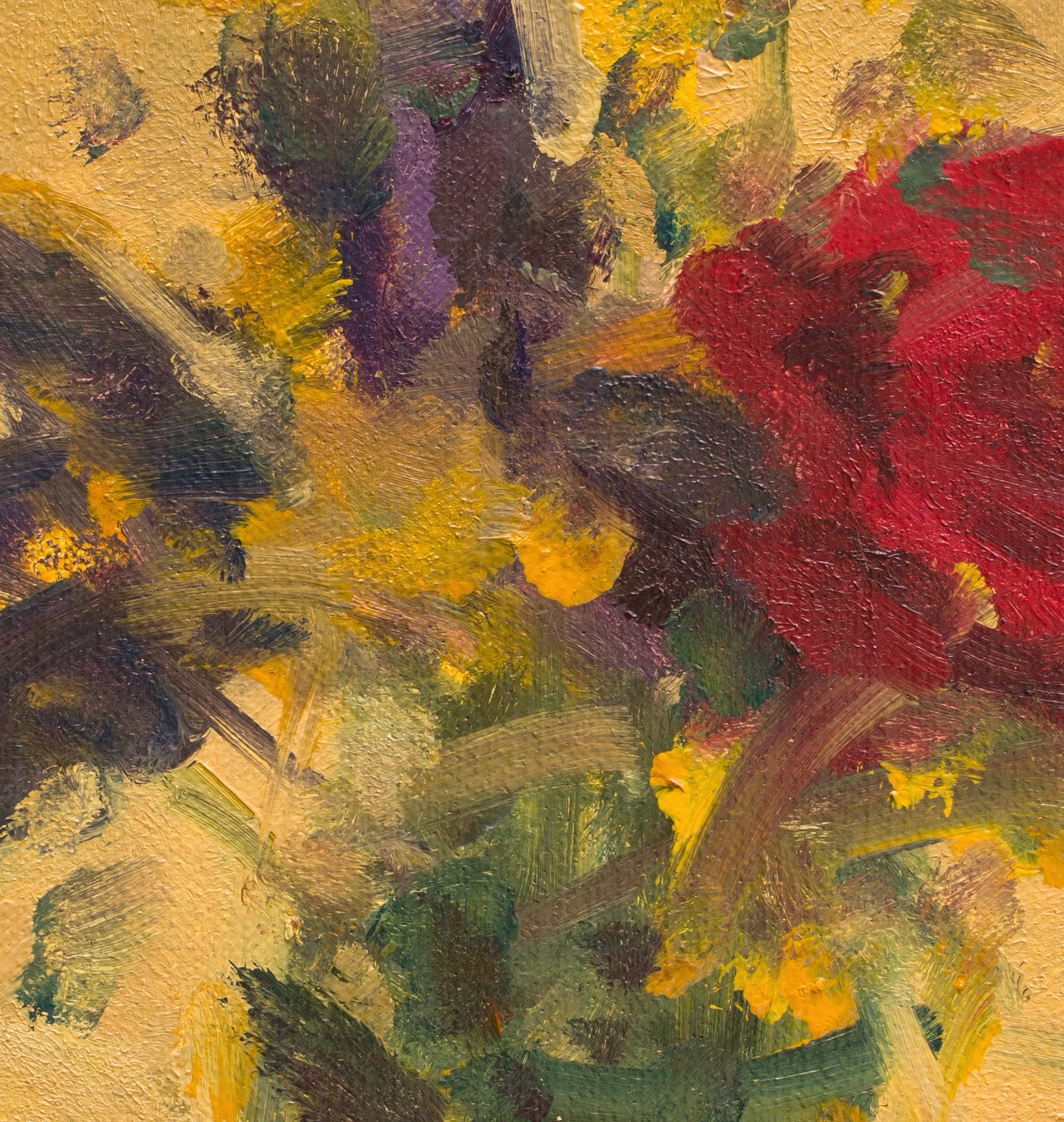 A vibrant still life of a bouquet in a green vase against a textured yellow background.