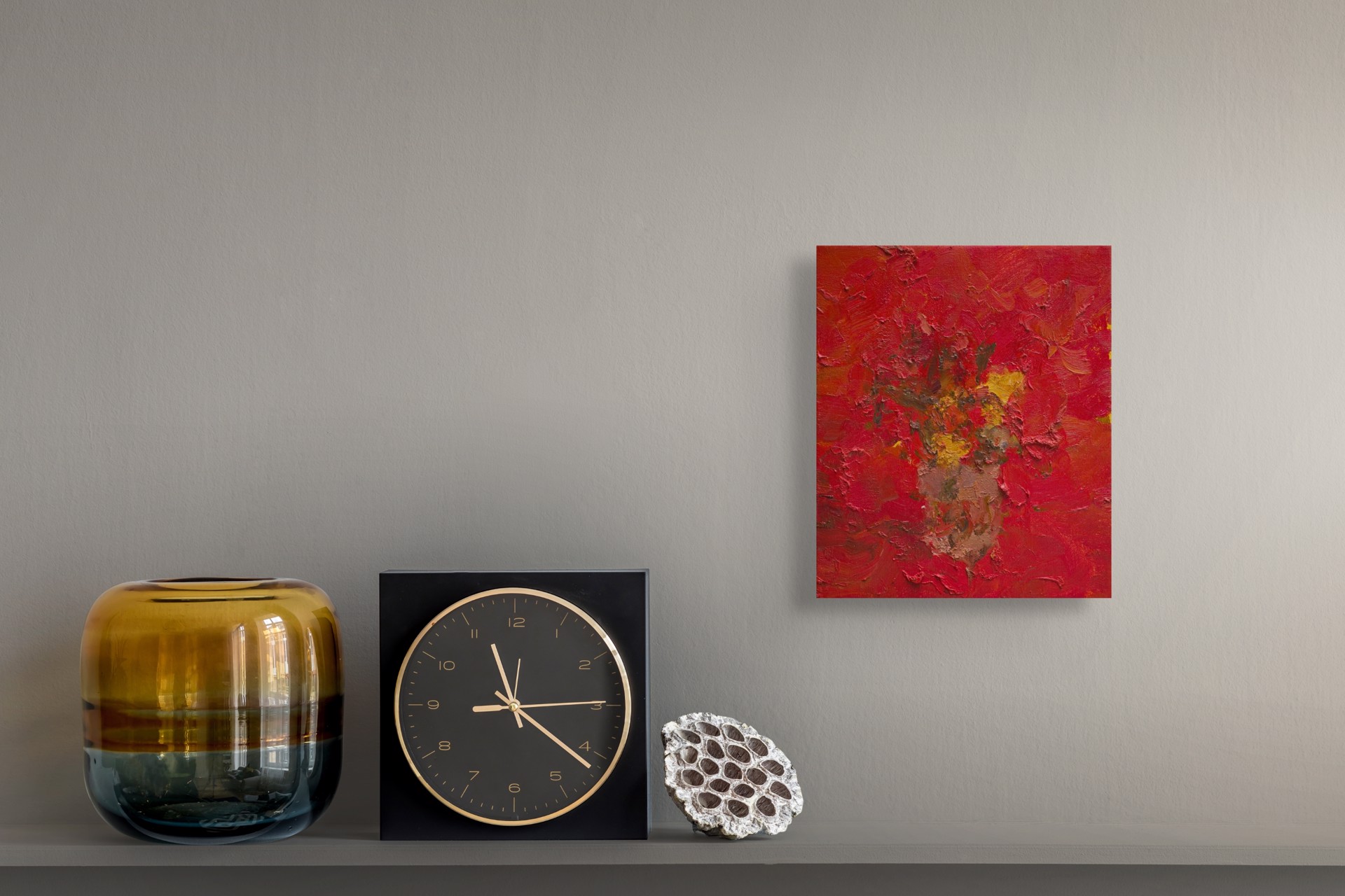 A thick, impasto oil painting of a red vase with yellow flowers against a vibrant red background.