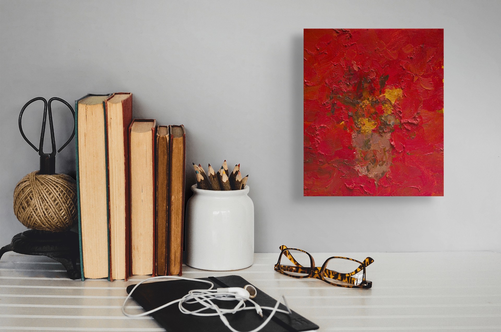 A thick, impasto oil painting of a red vase with yellow flowers against a vibrant red background.