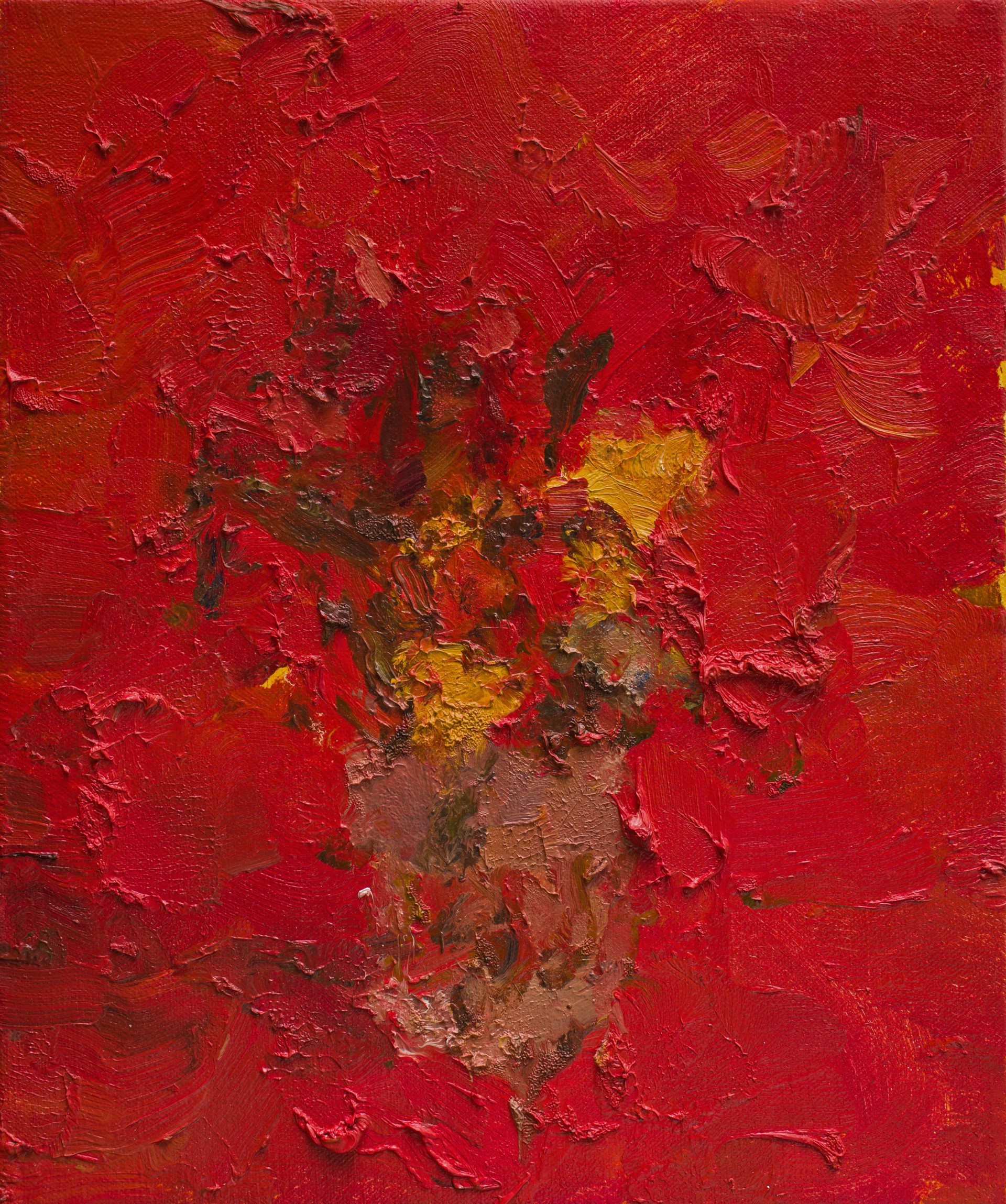 A thick, impasto oil painting of a red vase with yellow flowers against a vibrant red background.