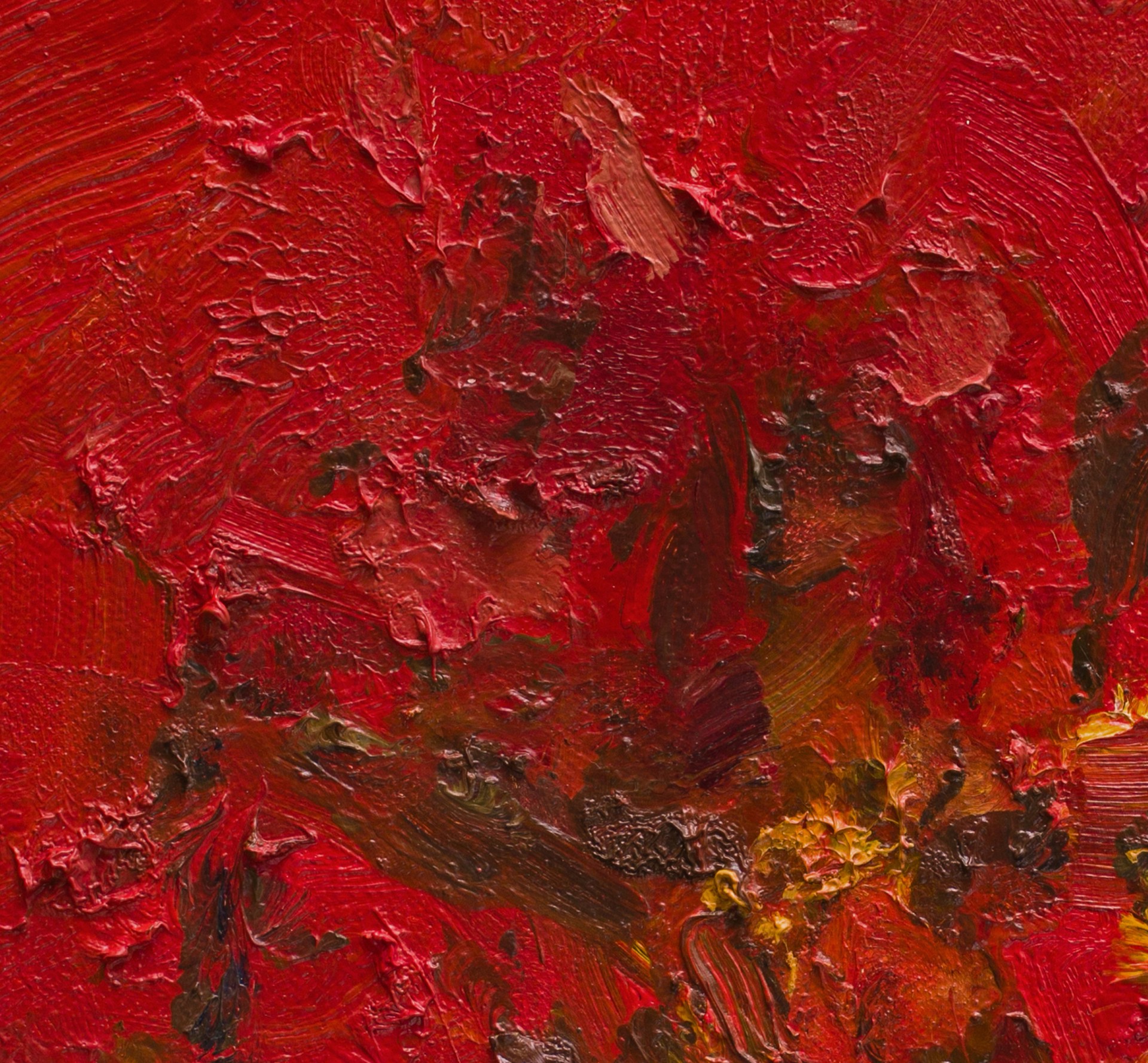 A thick, impasto oil painting of a red vase with yellow flowers against a vibrant red background.