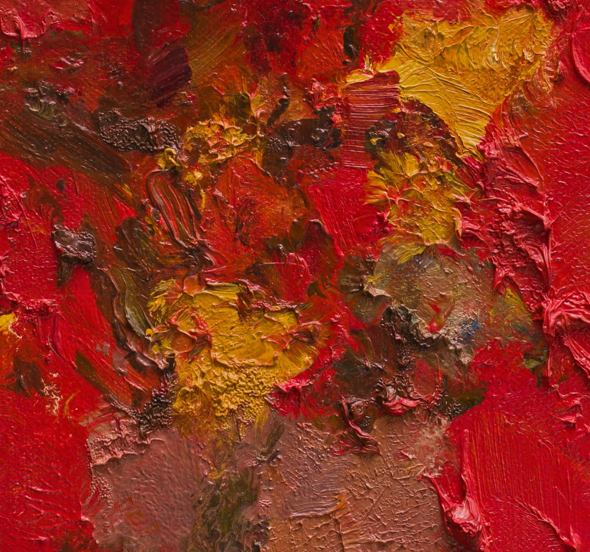 A thick, impasto oil painting of a red vase with yellow flowers against a vibrant red background.