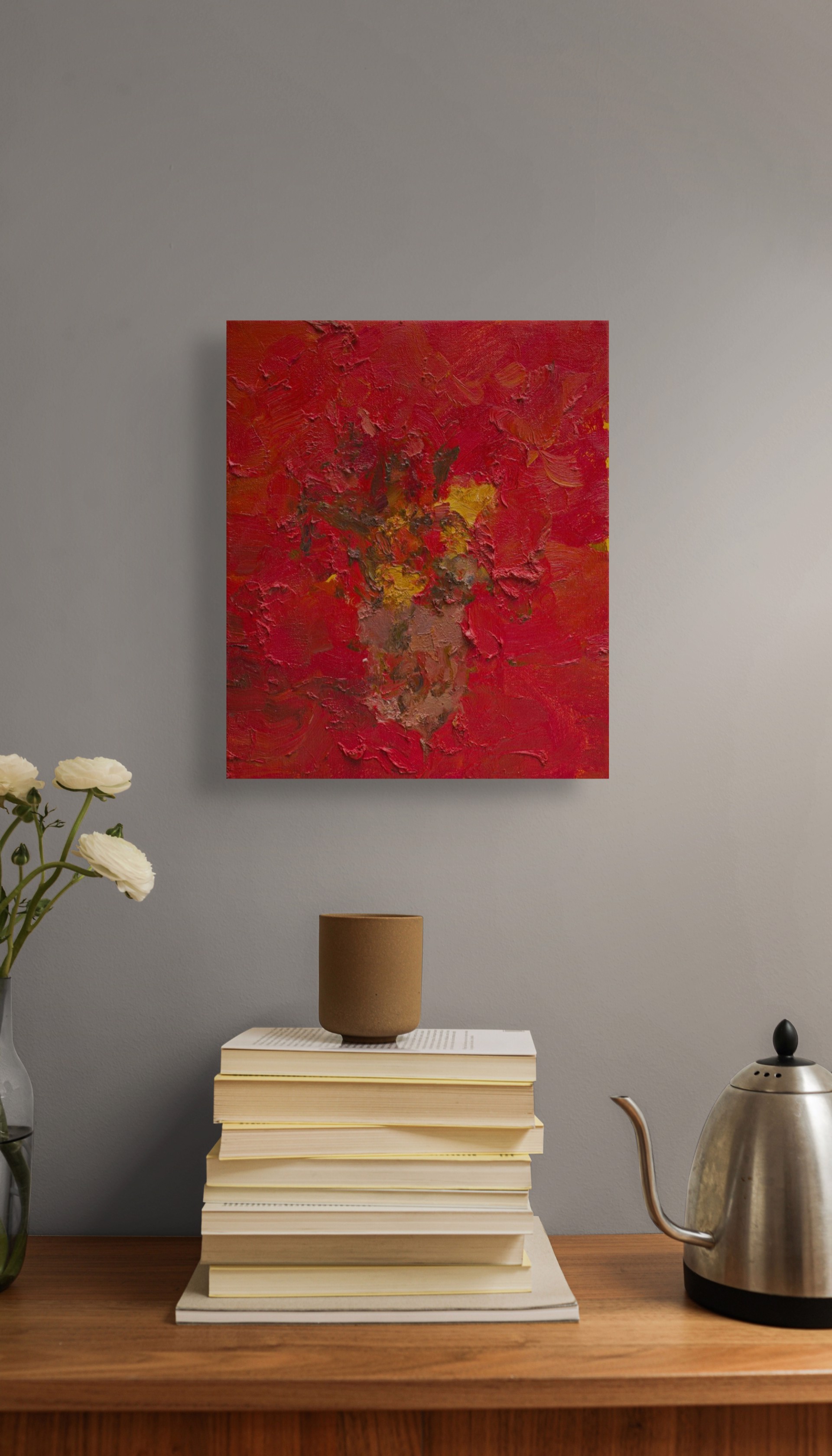 A thick, impasto oil painting of a red vase with yellow flowers against a vibrant red background.