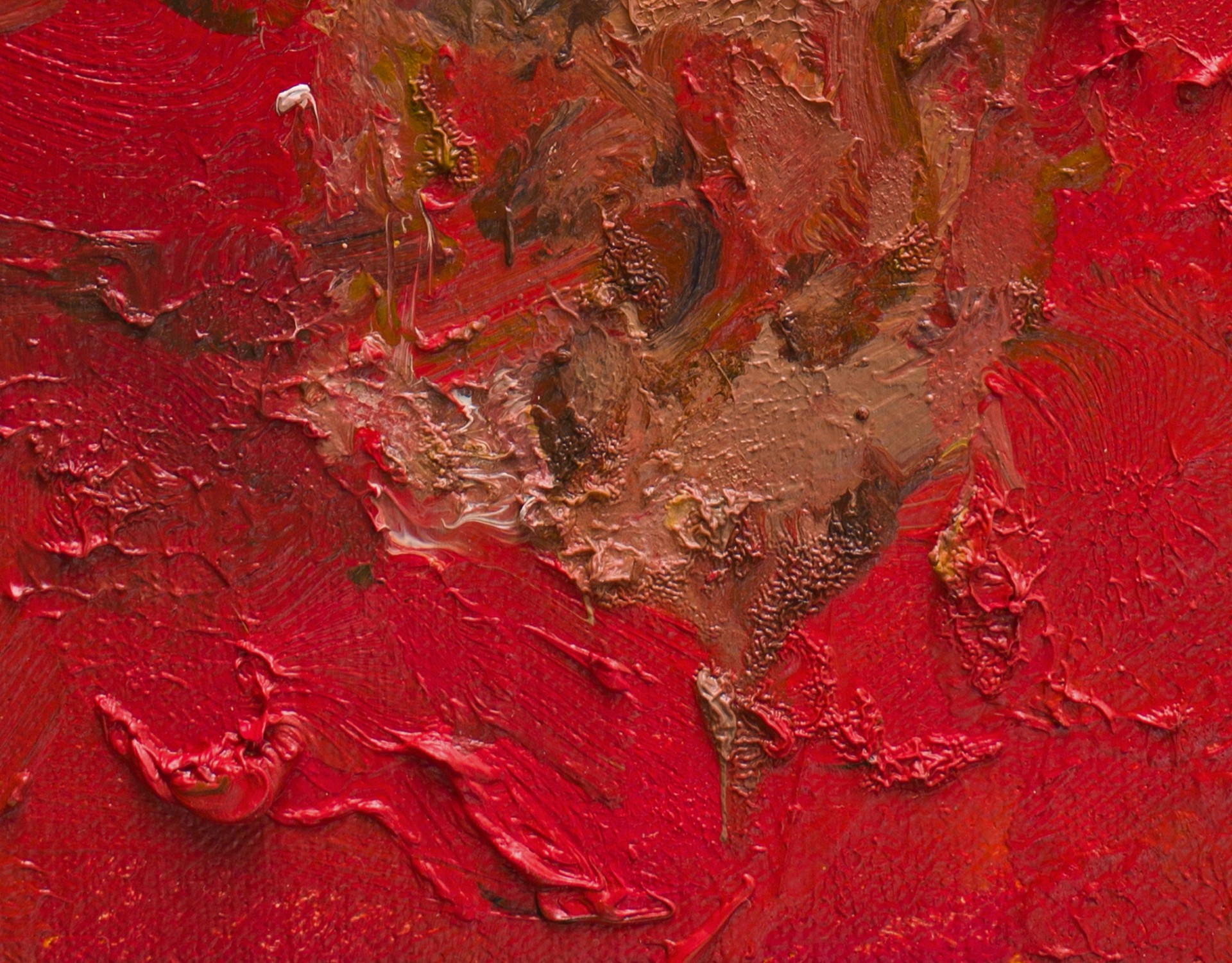 A thick, impasto oil painting of a red vase with yellow flowers against a vibrant red background.
