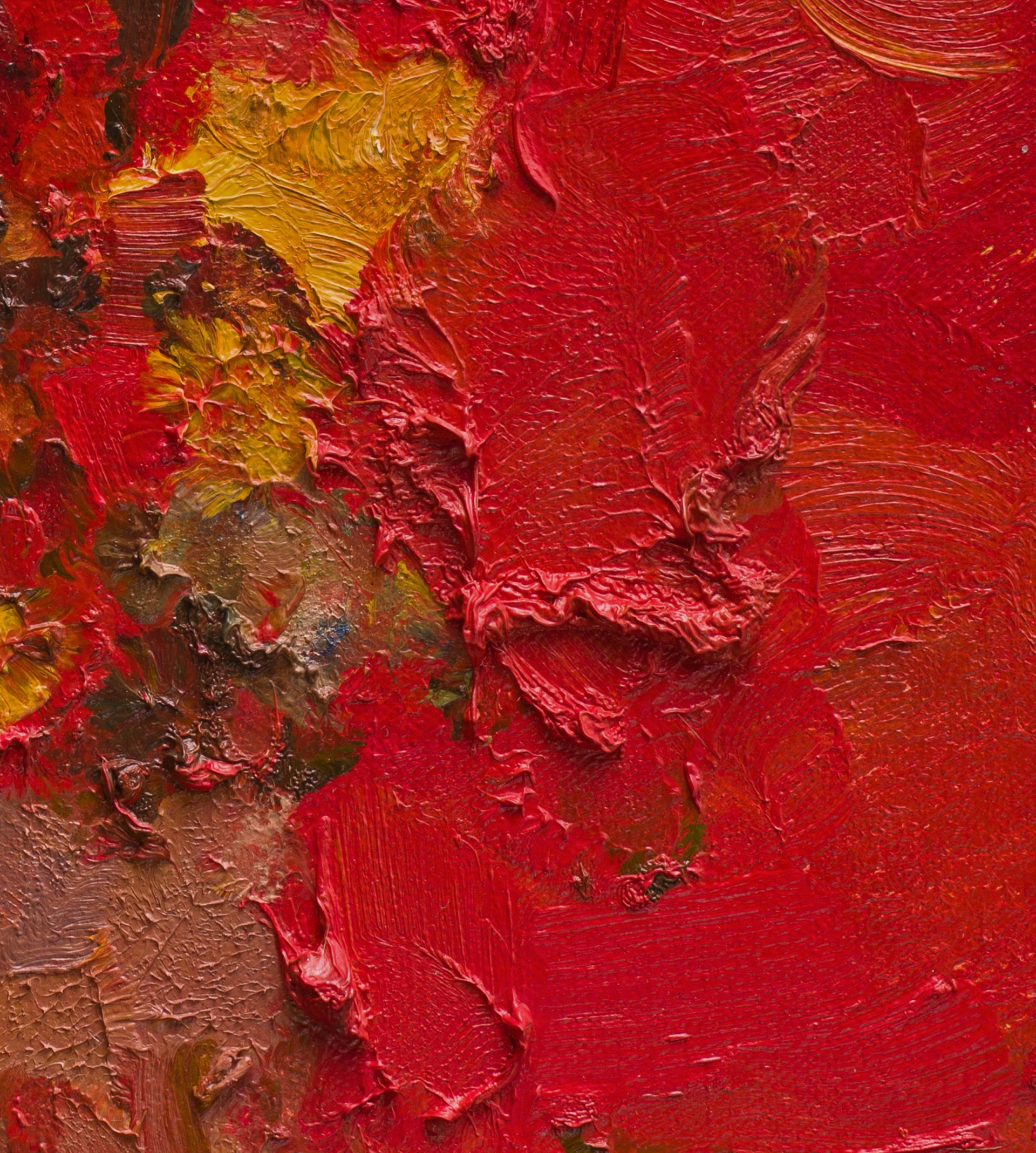 A thick, impasto oil painting of a red vase with yellow flowers against a vibrant red background.