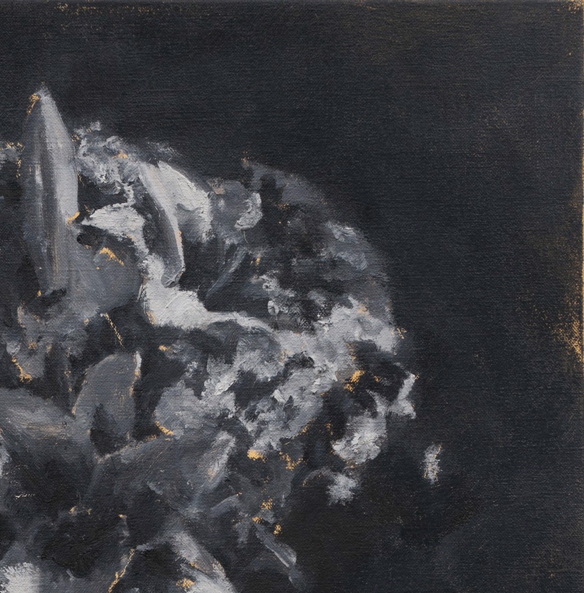 A monochromatic still life of lilies in a vase against a dark background.