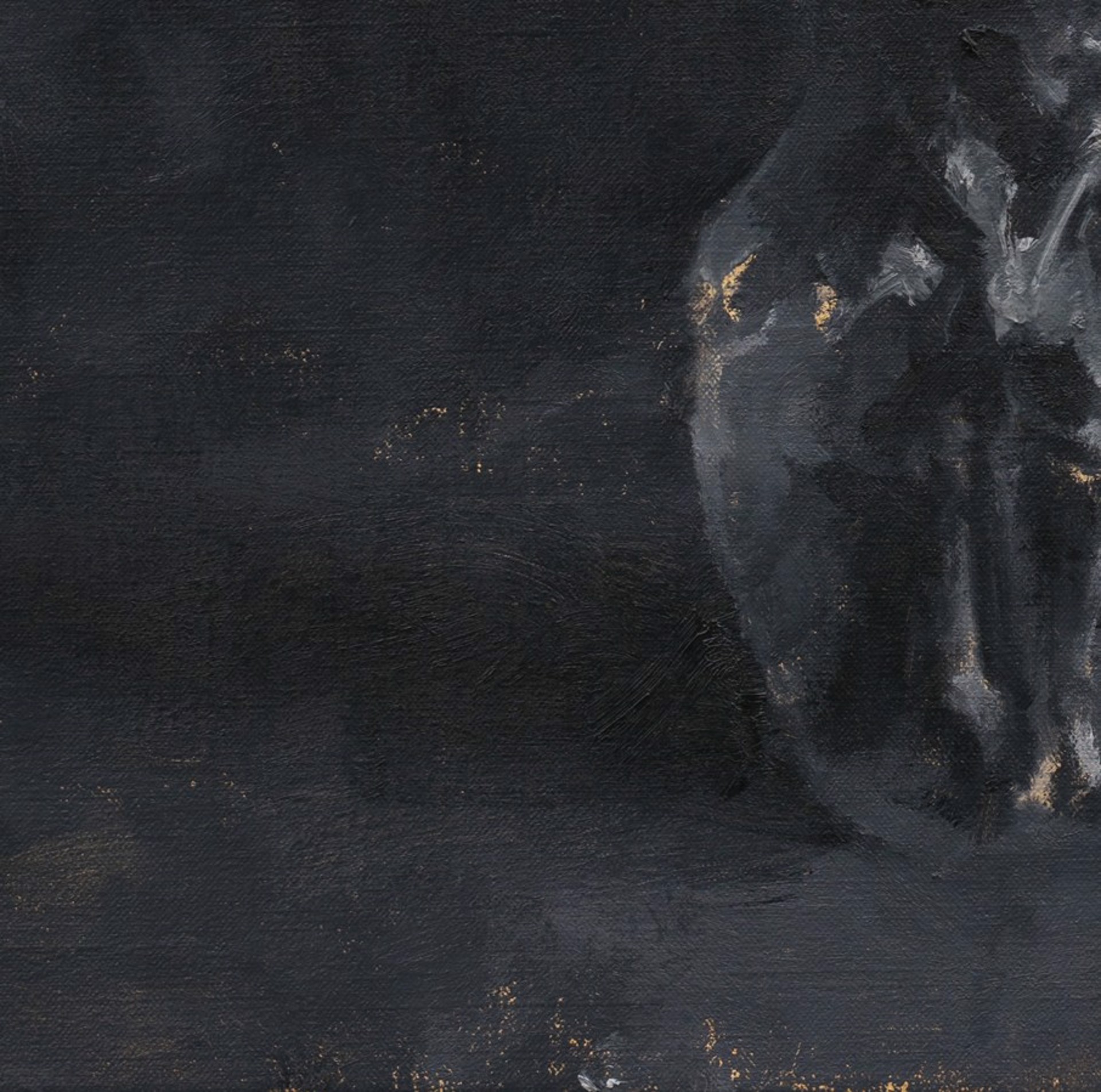 A monochromatic still life of lilies in a vase against a dark background.