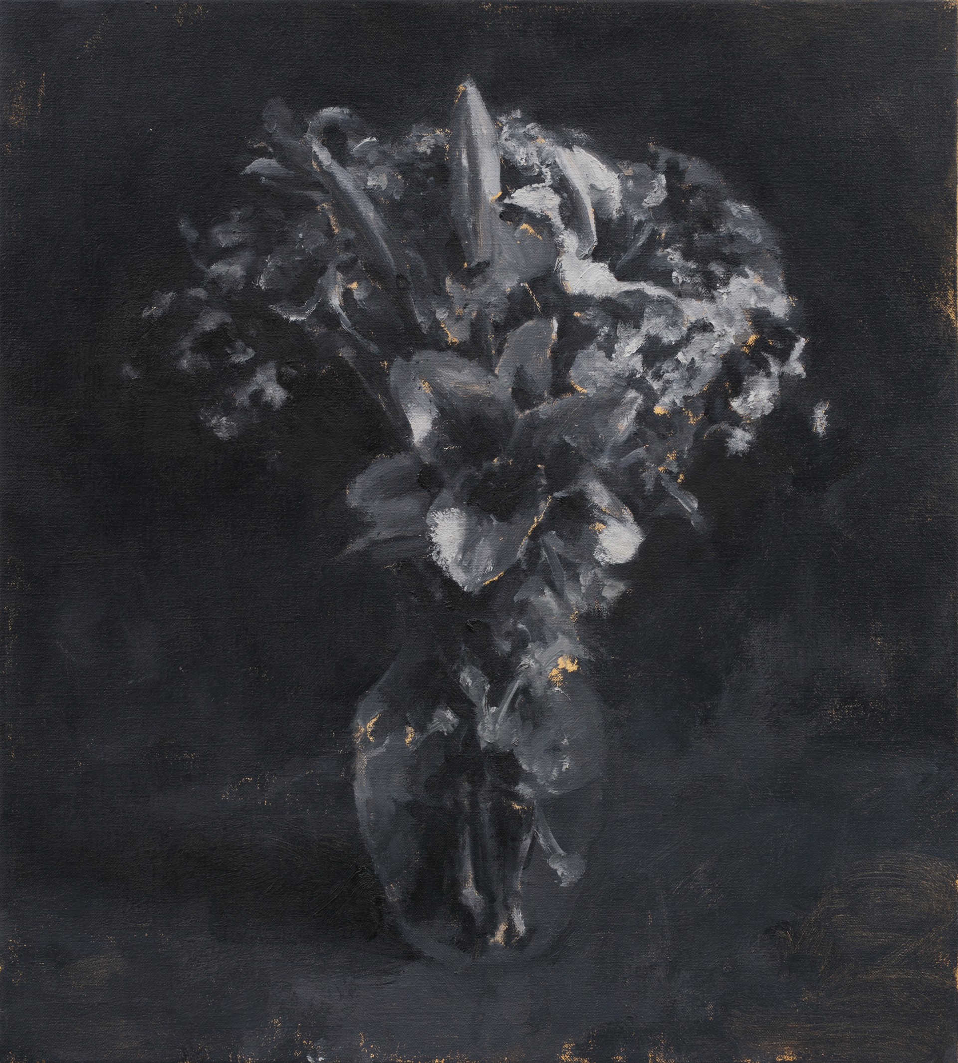 A monochromatic still life of lilies in a vase against a dark background.