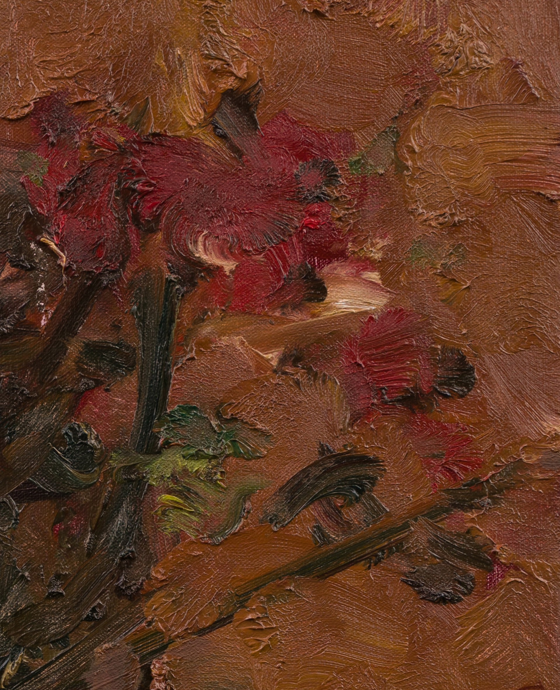 An expressive oil painting of a bouquet of flowers rendered in thick, textured brushstrokes.
