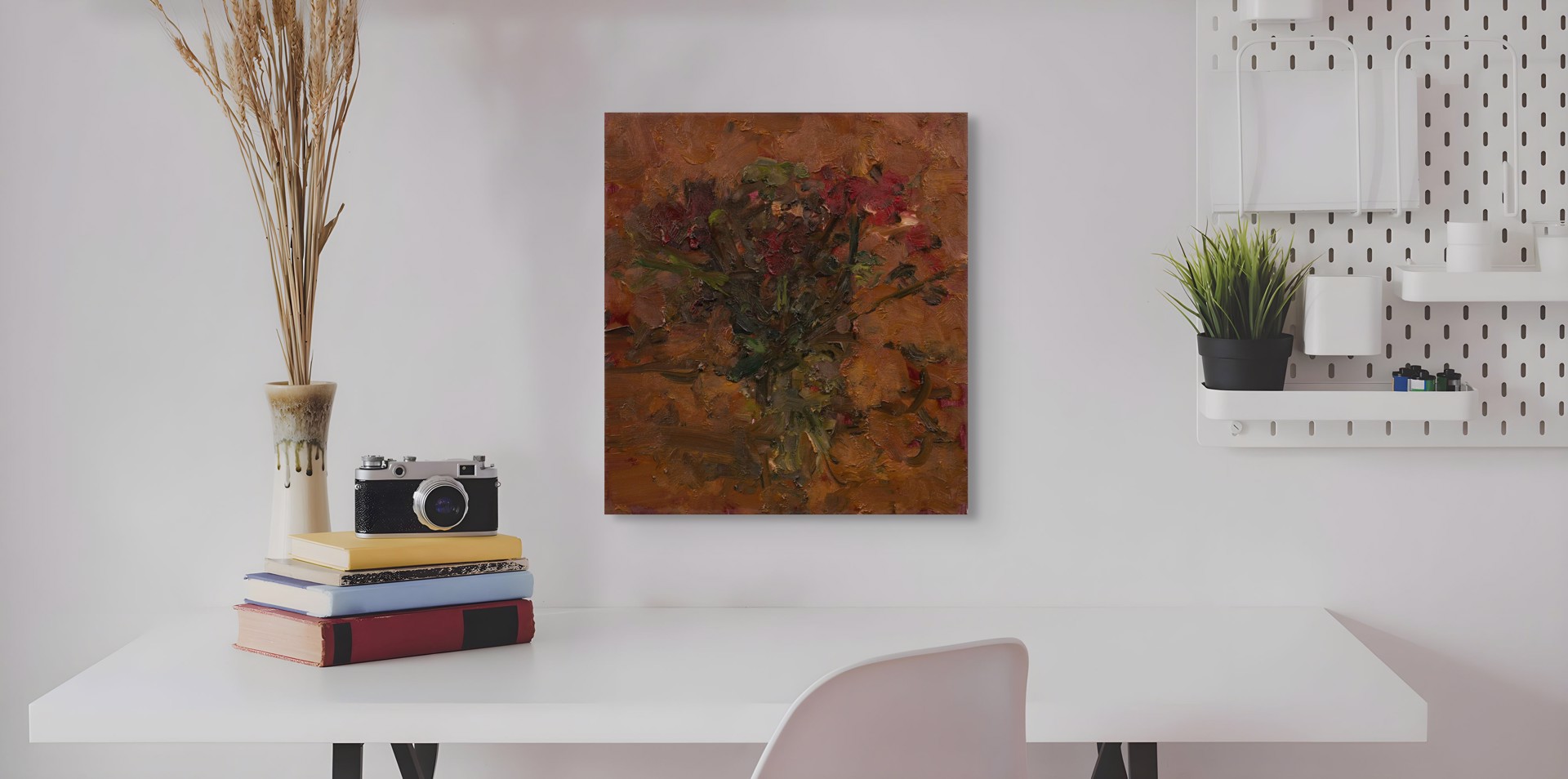 An expressive oil painting of a bouquet of flowers rendered in thick, textured brushstrokes.