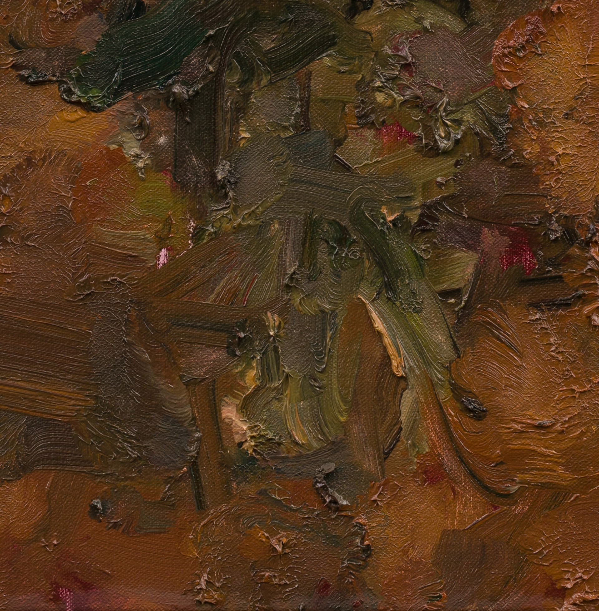 An expressive oil painting of a bouquet of flowers rendered in thick, textured brushstrokes.