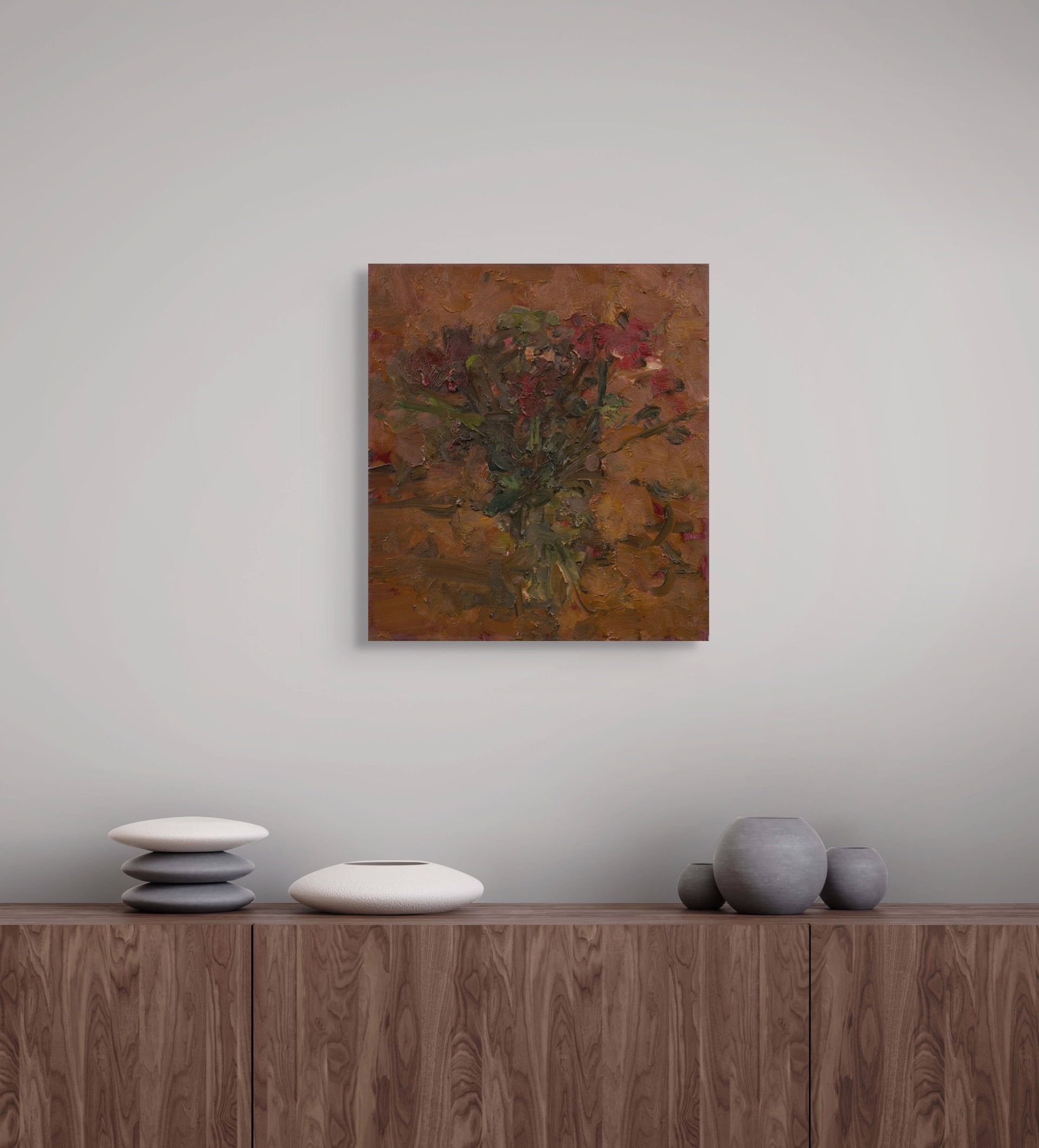 An expressive oil painting of a bouquet of flowers rendered in thick, textured brushstrokes.