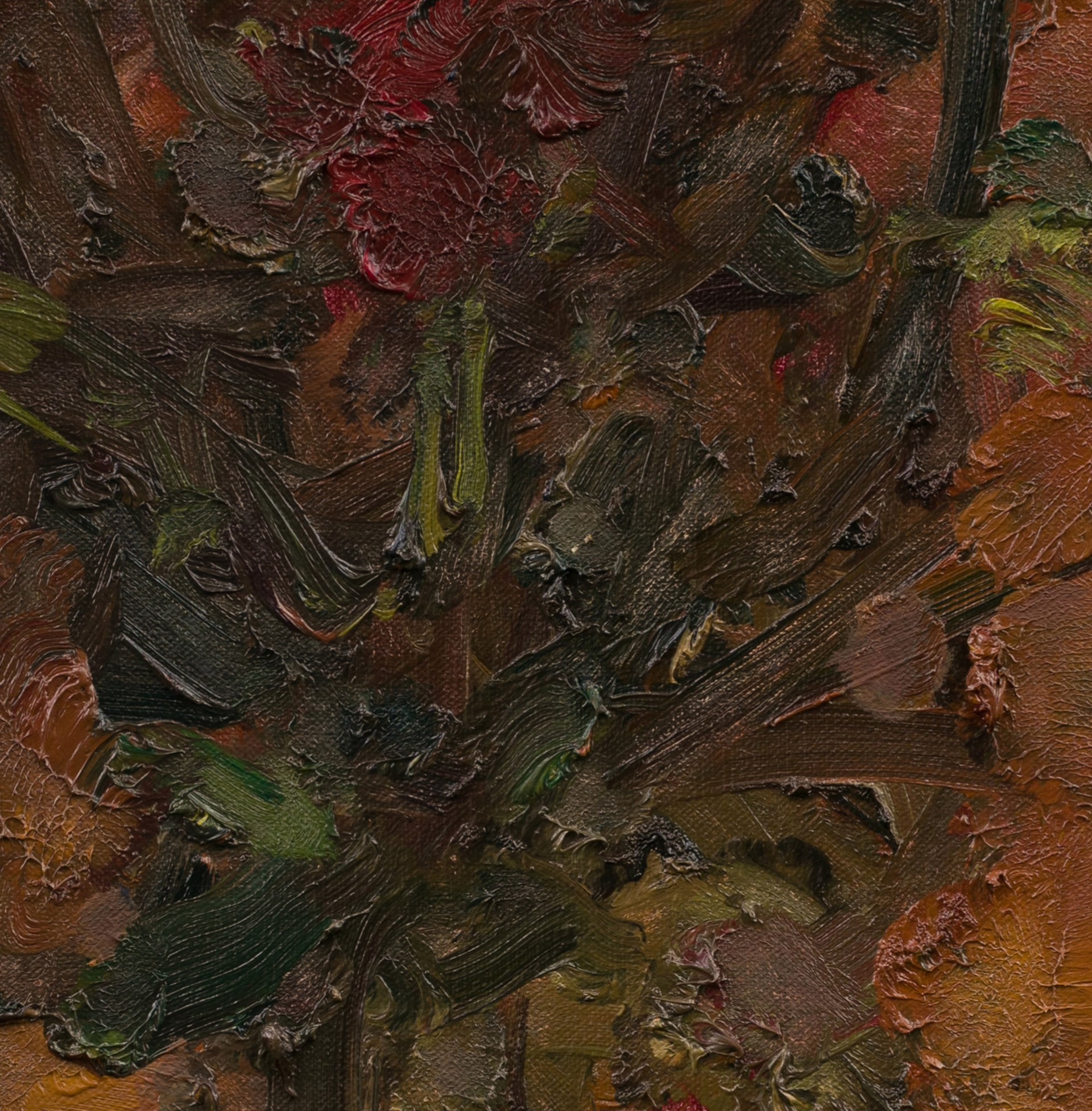 An expressive oil painting of a bouquet of flowers rendered in thick, textured brushstrokes.