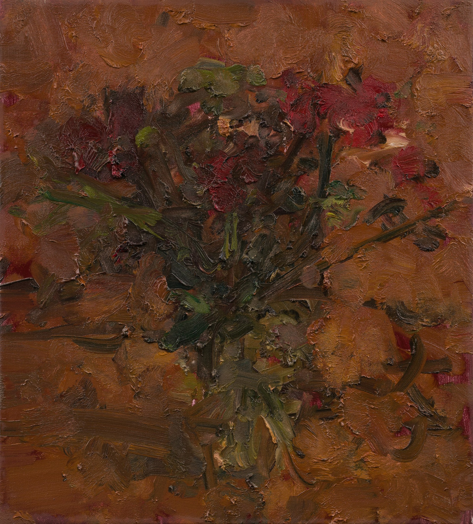 An expressive oil painting of a bouquet of flowers rendered in thick, textured brushstrokes.