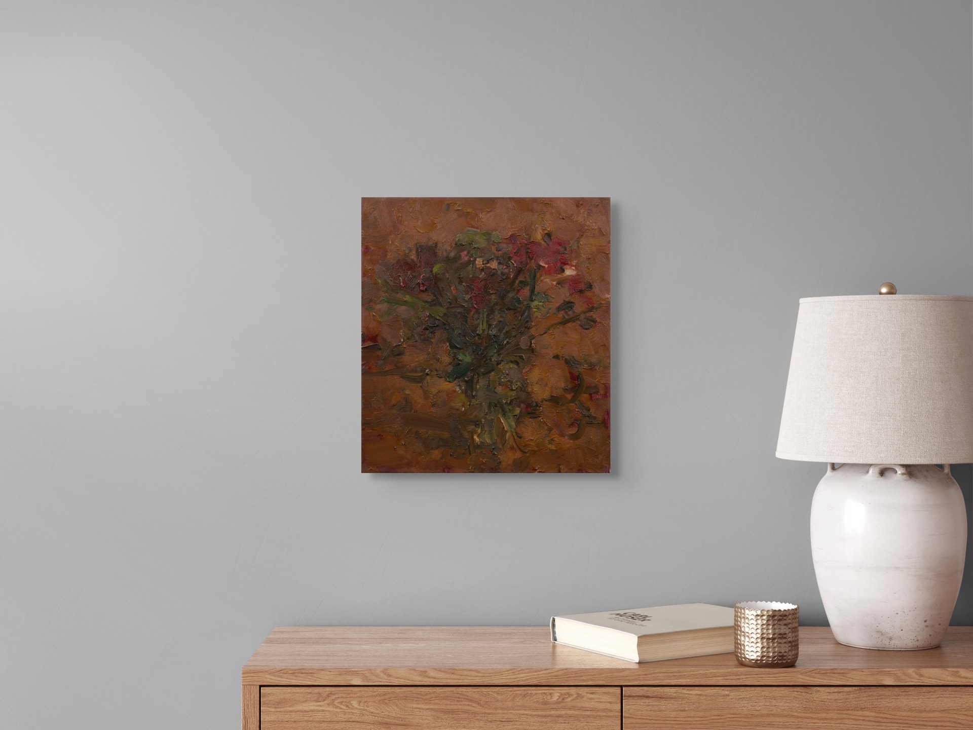 An expressive oil painting of a bouquet of flowers rendered in thick, textured brushstrokes.