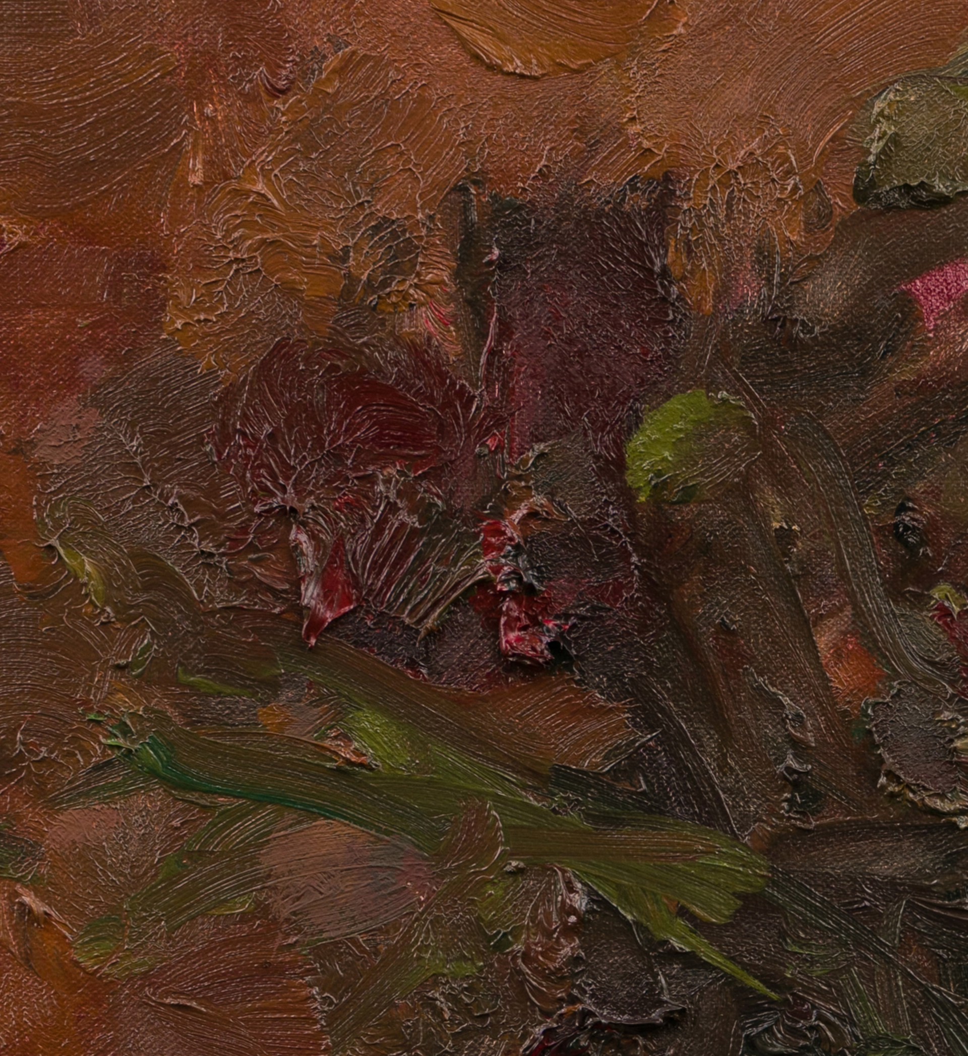 An expressive oil painting of a bouquet of flowers rendered in thick, textured brushstrokes.