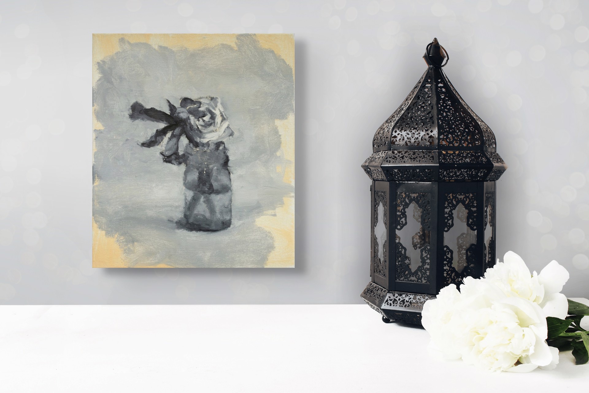 A moody, abstracted still life featuring a dark vase with a white flower against a muted grey and yellow background.