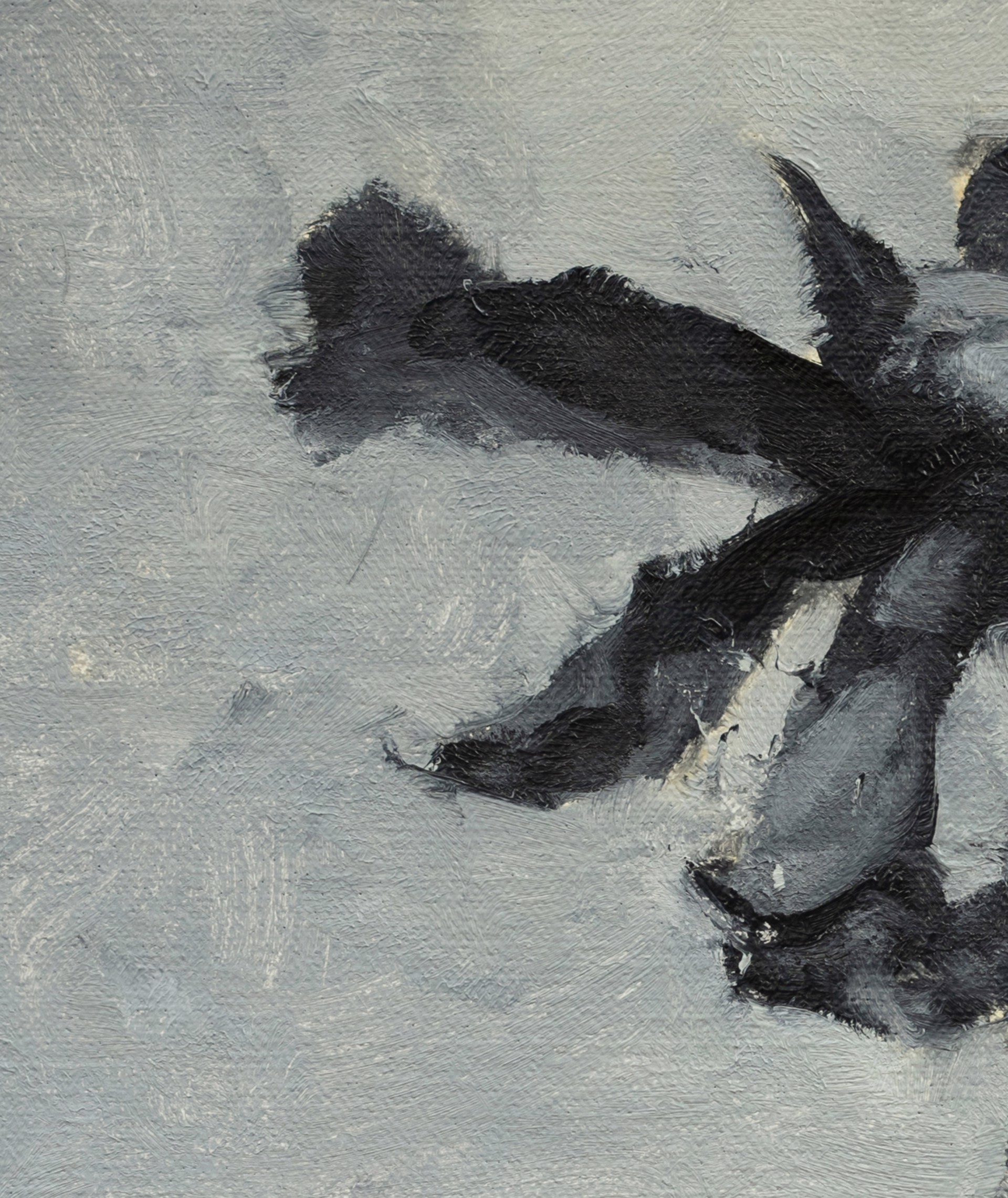A moody, abstracted still life featuring a dark vase with a white flower against a muted grey and yellow background.