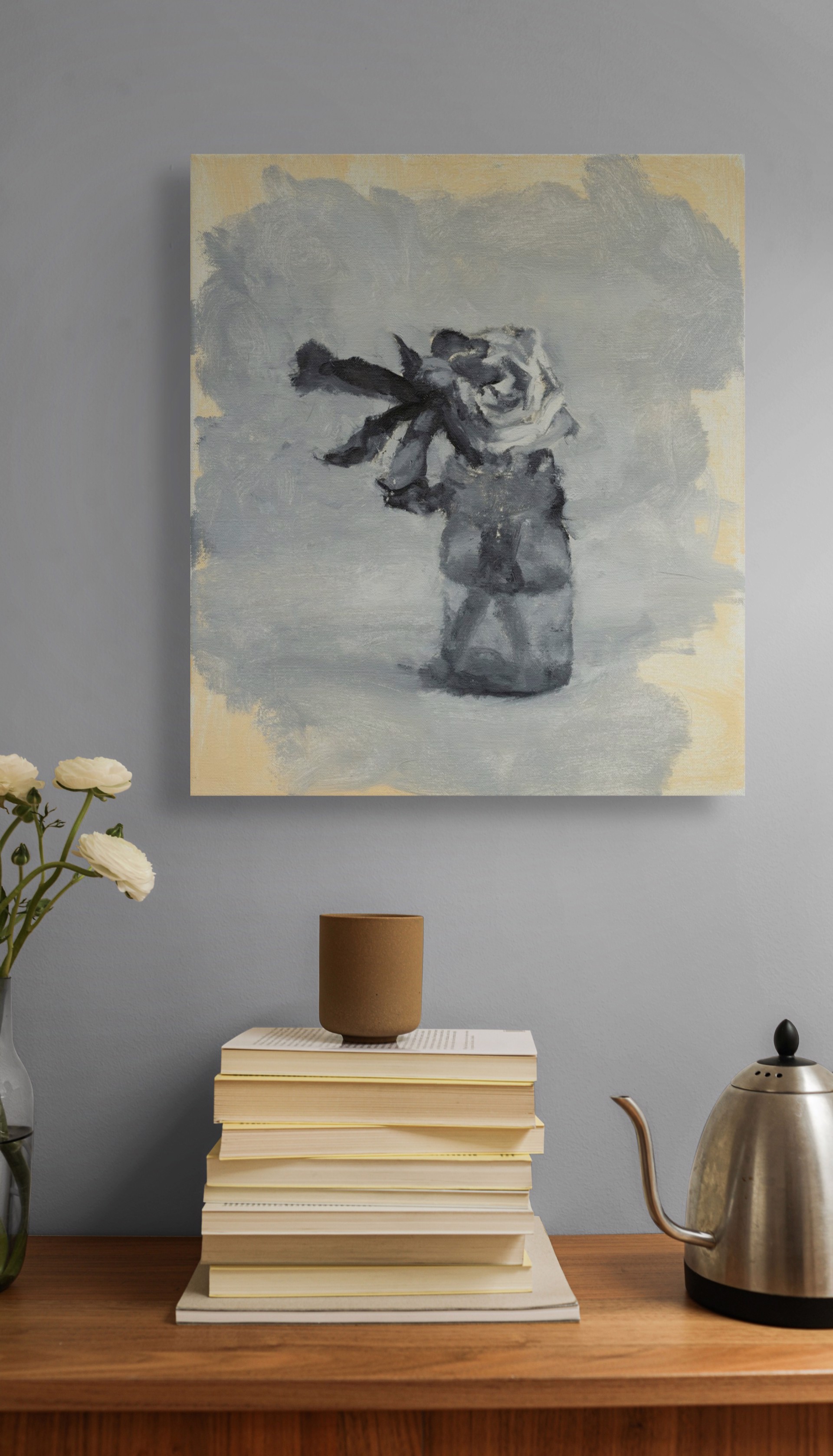 A moody, abstracted still life featuring a dark vase with a white flower against a muted grey and yellow background.