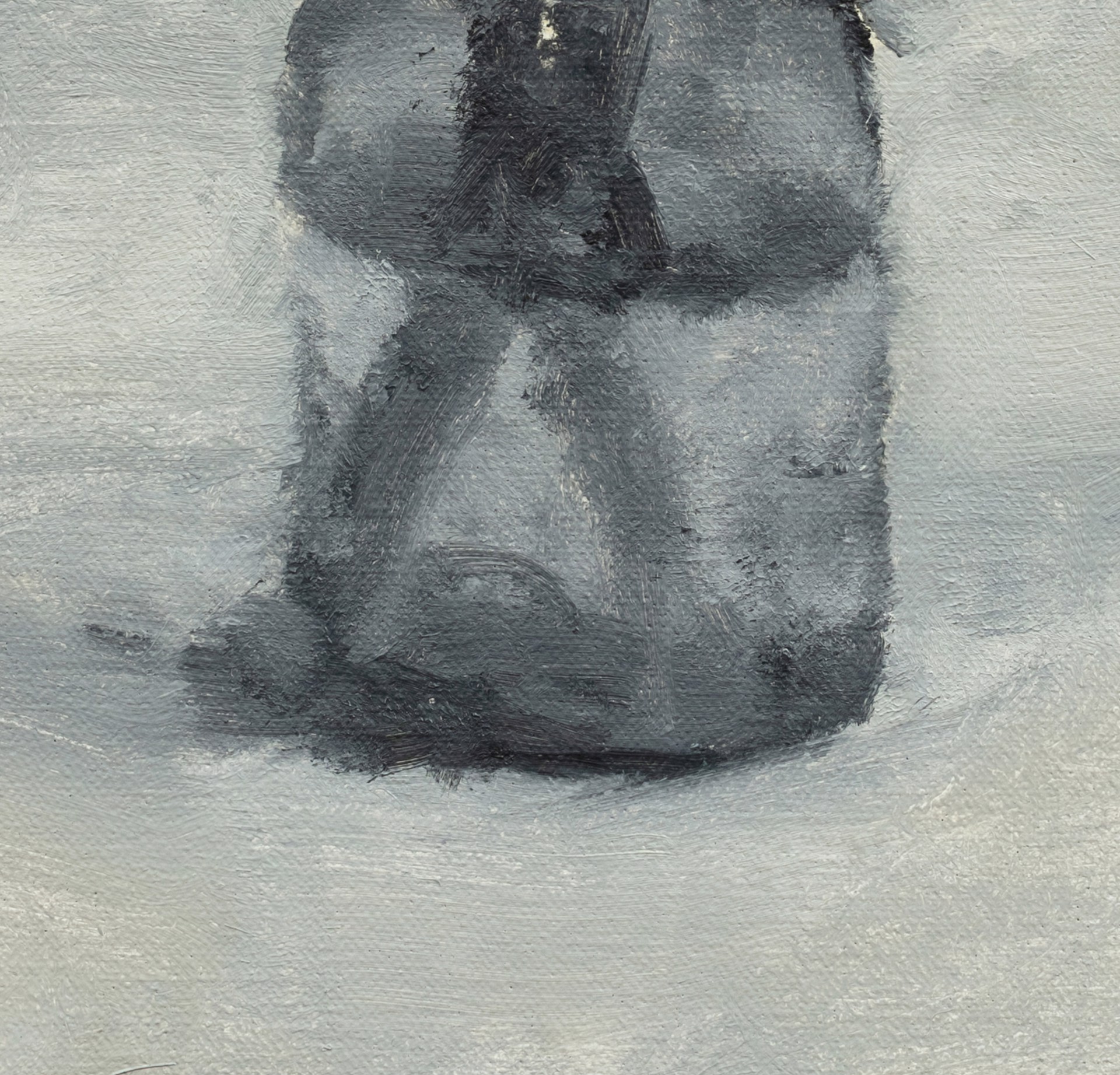 A moody, abstracted still life featuring a dark vase with a white flower against a muted grey and yellow background.