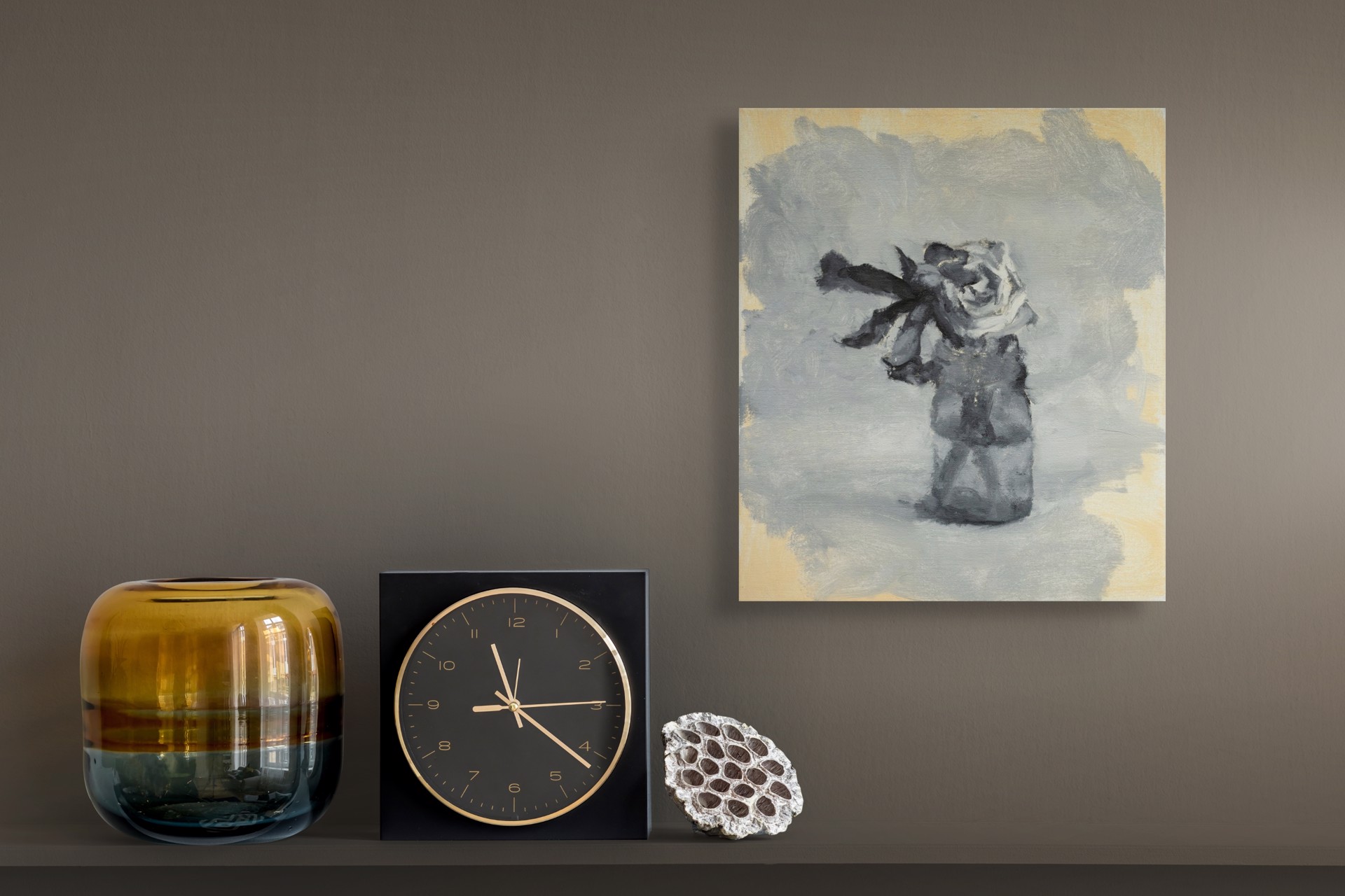 A moody, abstracted still life featuring a dark vase with a white flower against a muted grey and yellow background.