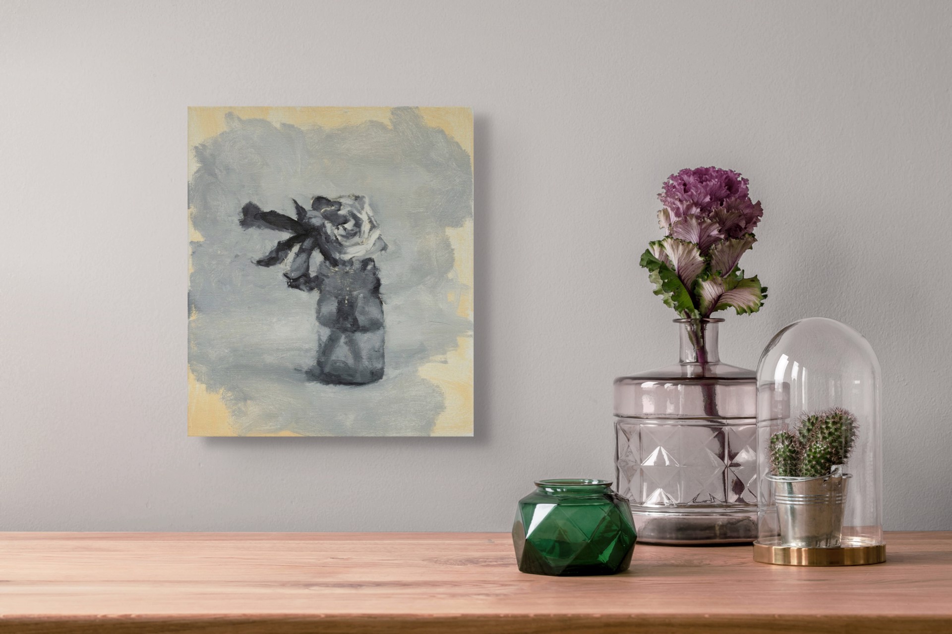 A moody, abstracted still life featuring a dark vase with a white flower against a muted grey and yellow background.