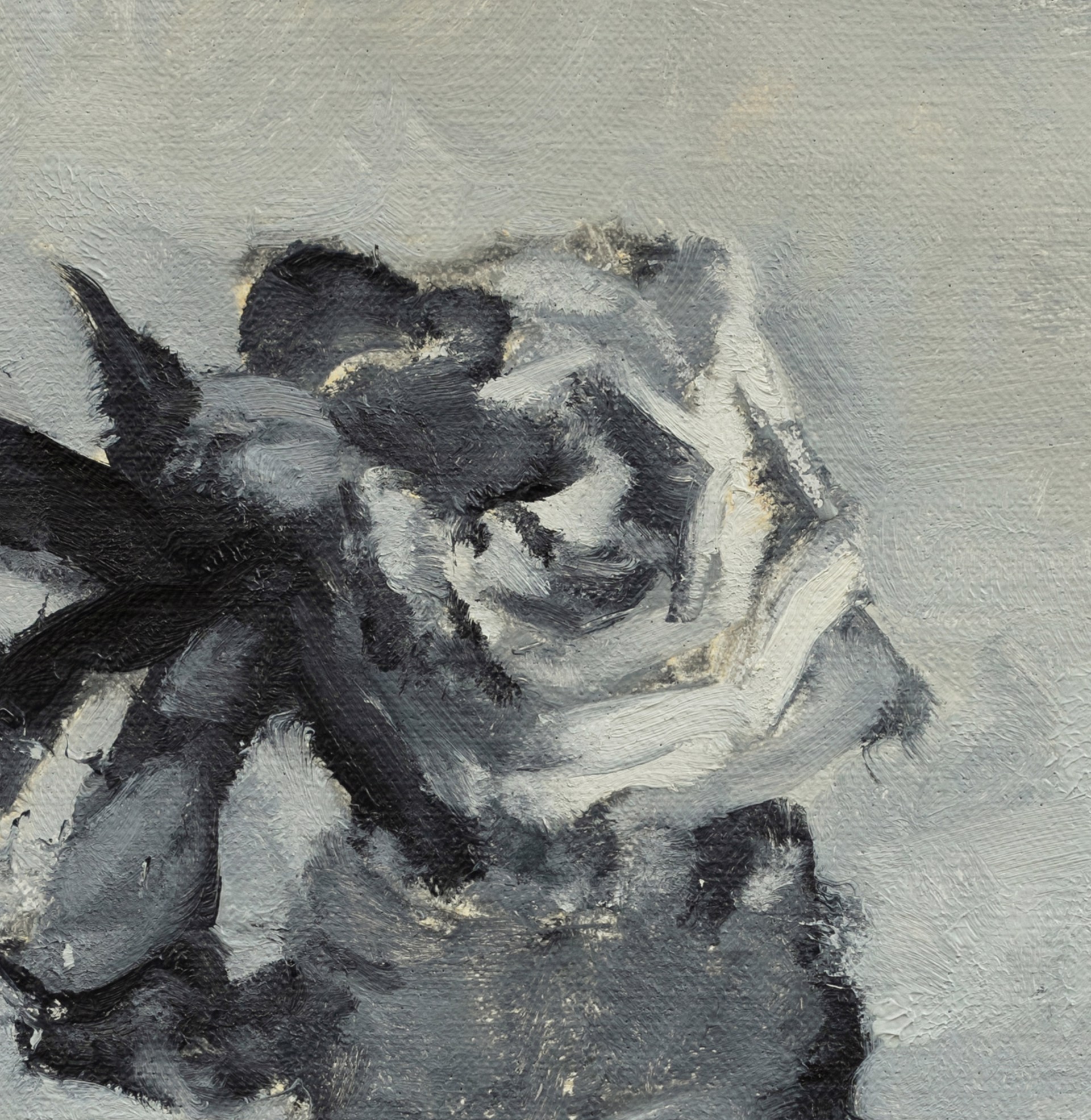 A moody, abstracted still life featuring a dark vase with a white flower against a muted grey and yellow background.