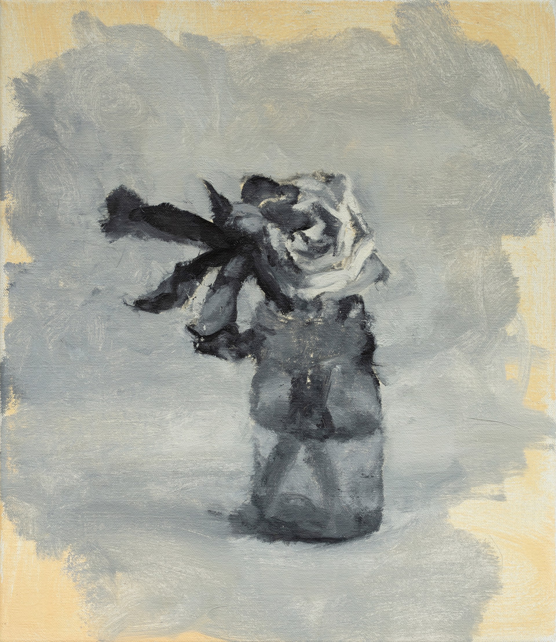 A moody, abstracted still life featuring a dark vase with a white flower against a muted grey and yellow background.