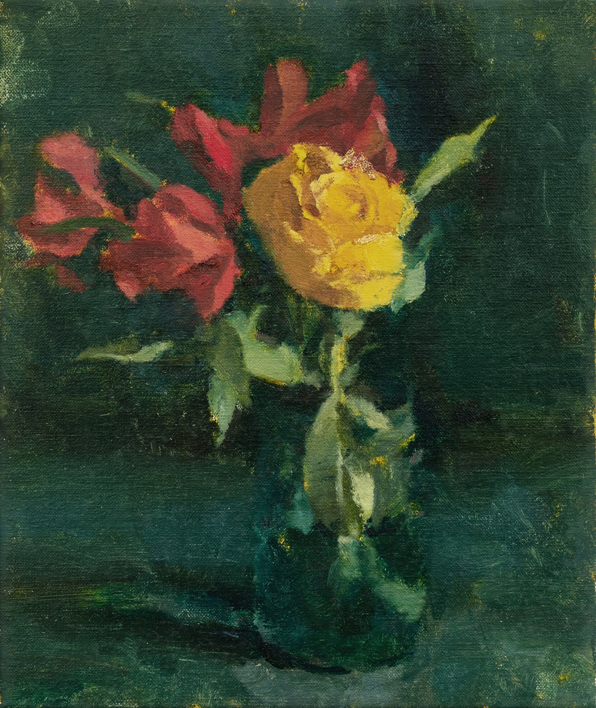 A painting of a yellow rose in a green vase.