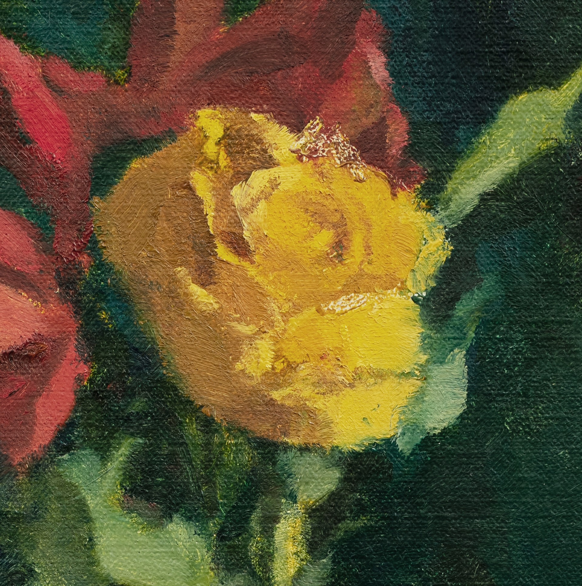 A painting of a yellow rose in a green vase.