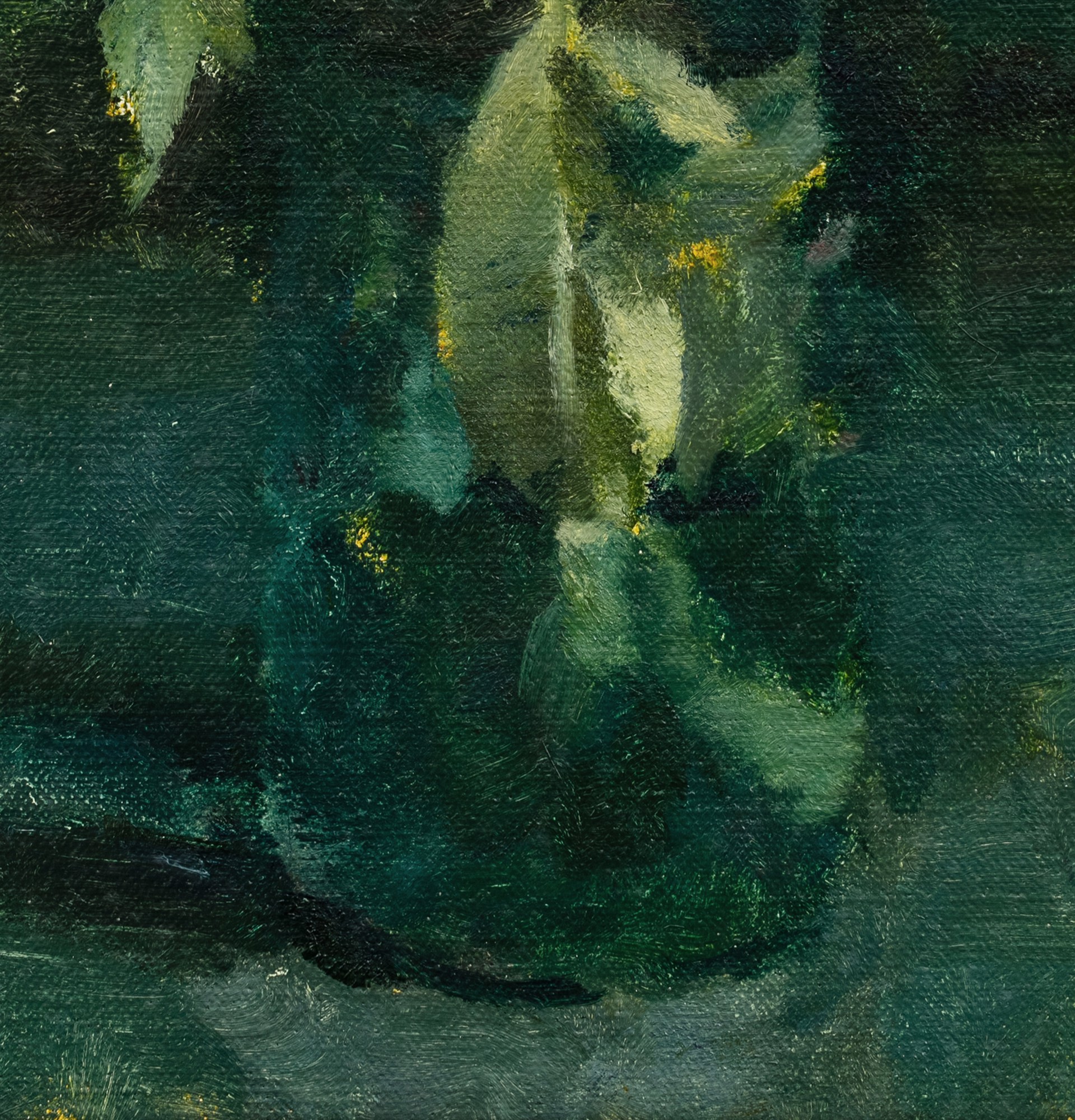 A painting of a yellow rose in a green vase.