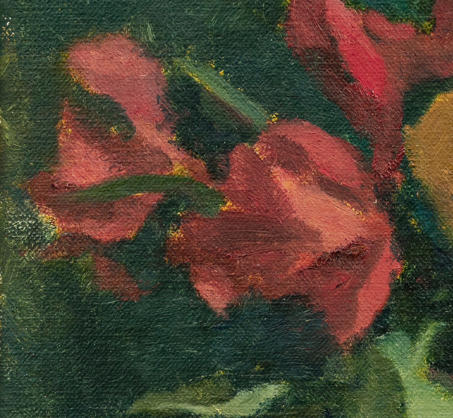 A painting of a yellow rose in a green vase.