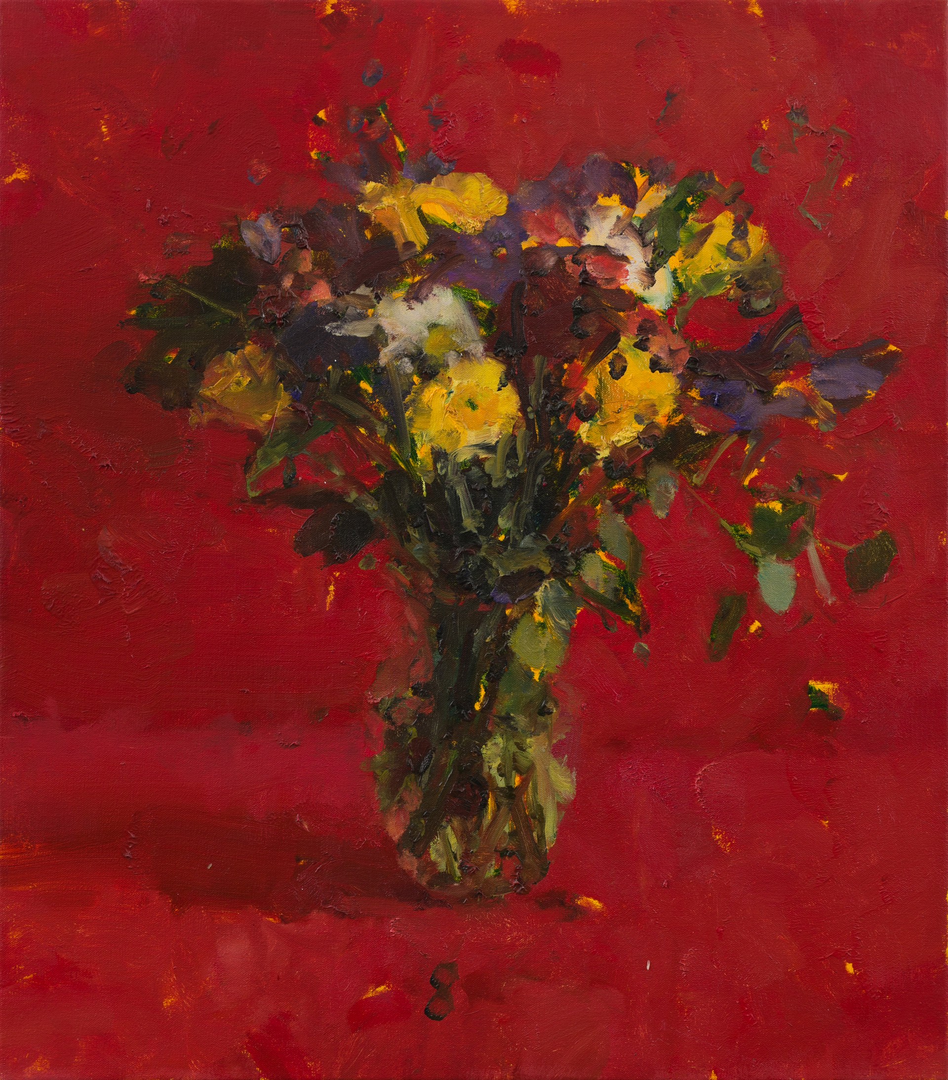 A vibrant still life of a colorful bouquet in a vase against a bold red background.