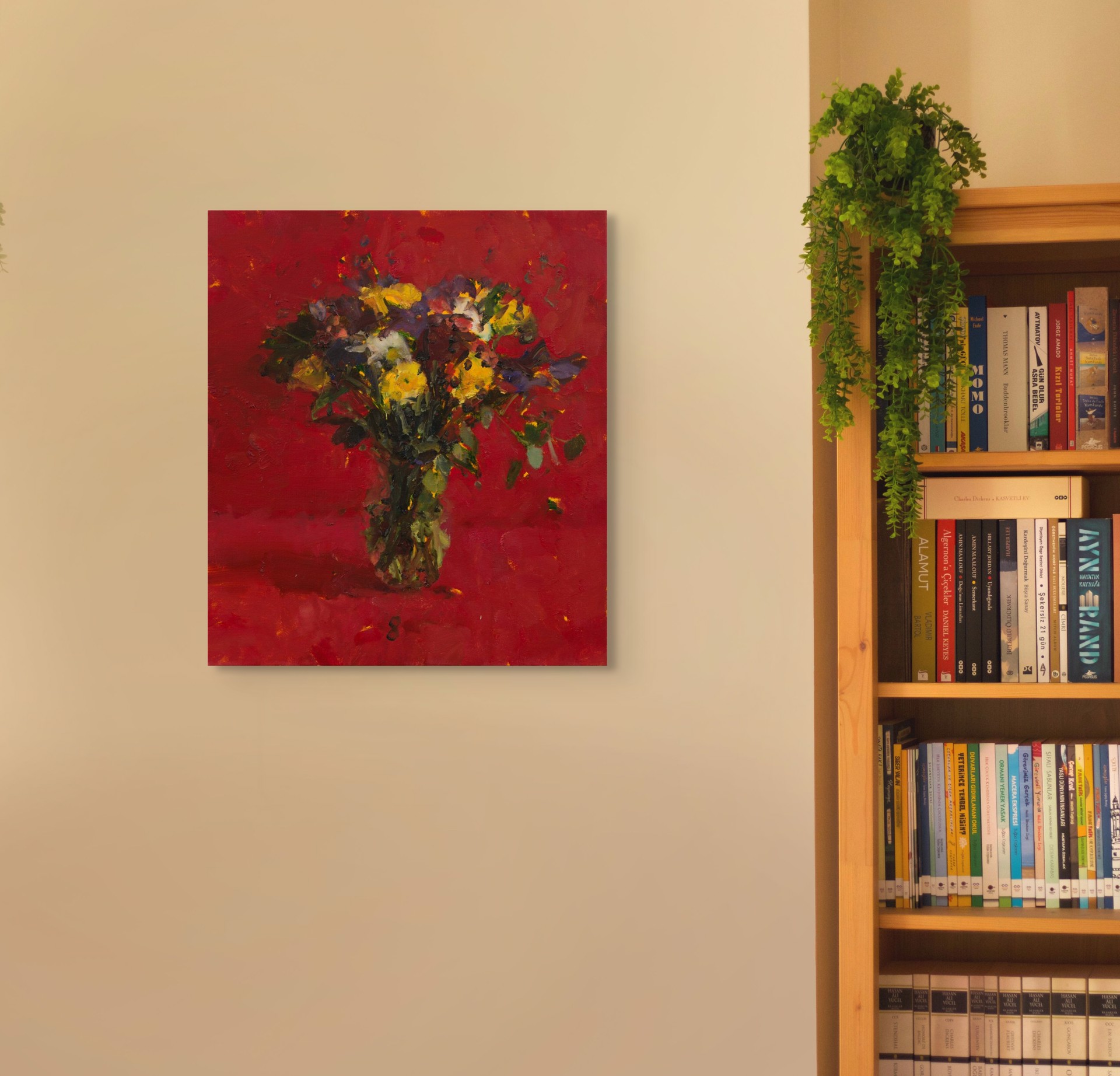 A vibrant still life of a colorful bouquet in a vase against a bold red background.