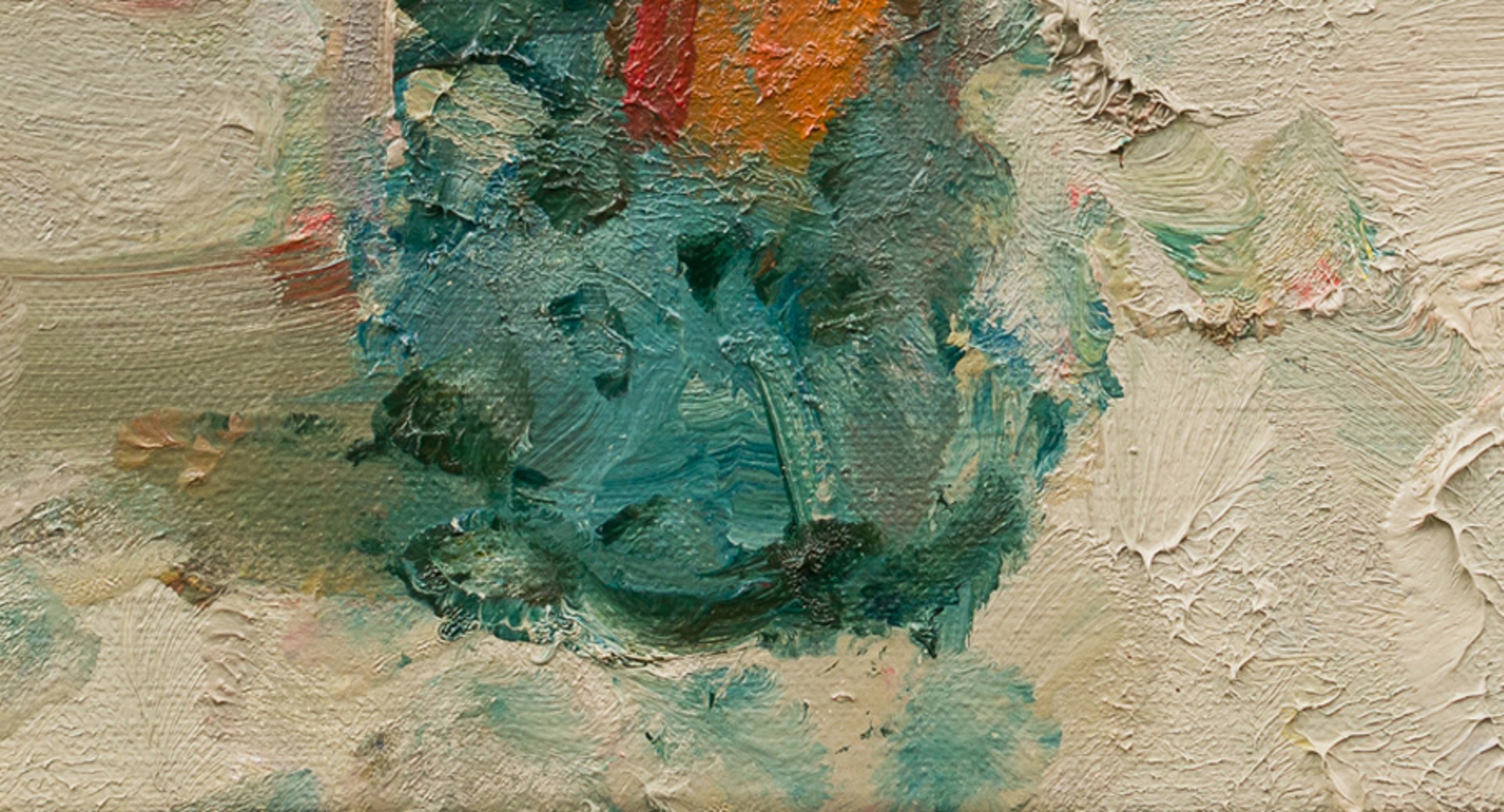 A thickly painted still life of a colorful bouquet in a green vase against a textured background.