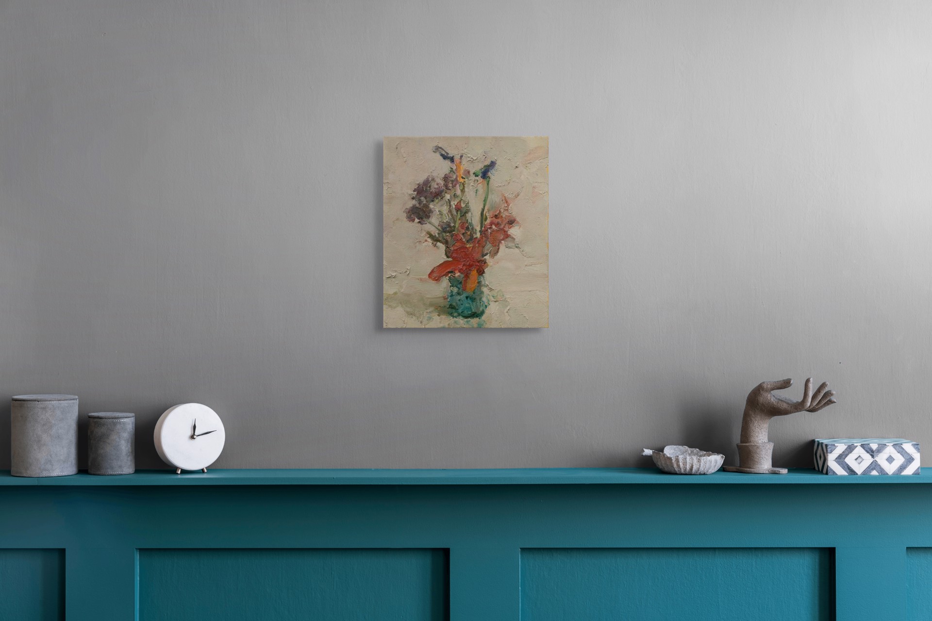 A thickly painted still life of a colorful bouquet in a green vase against a textured background.