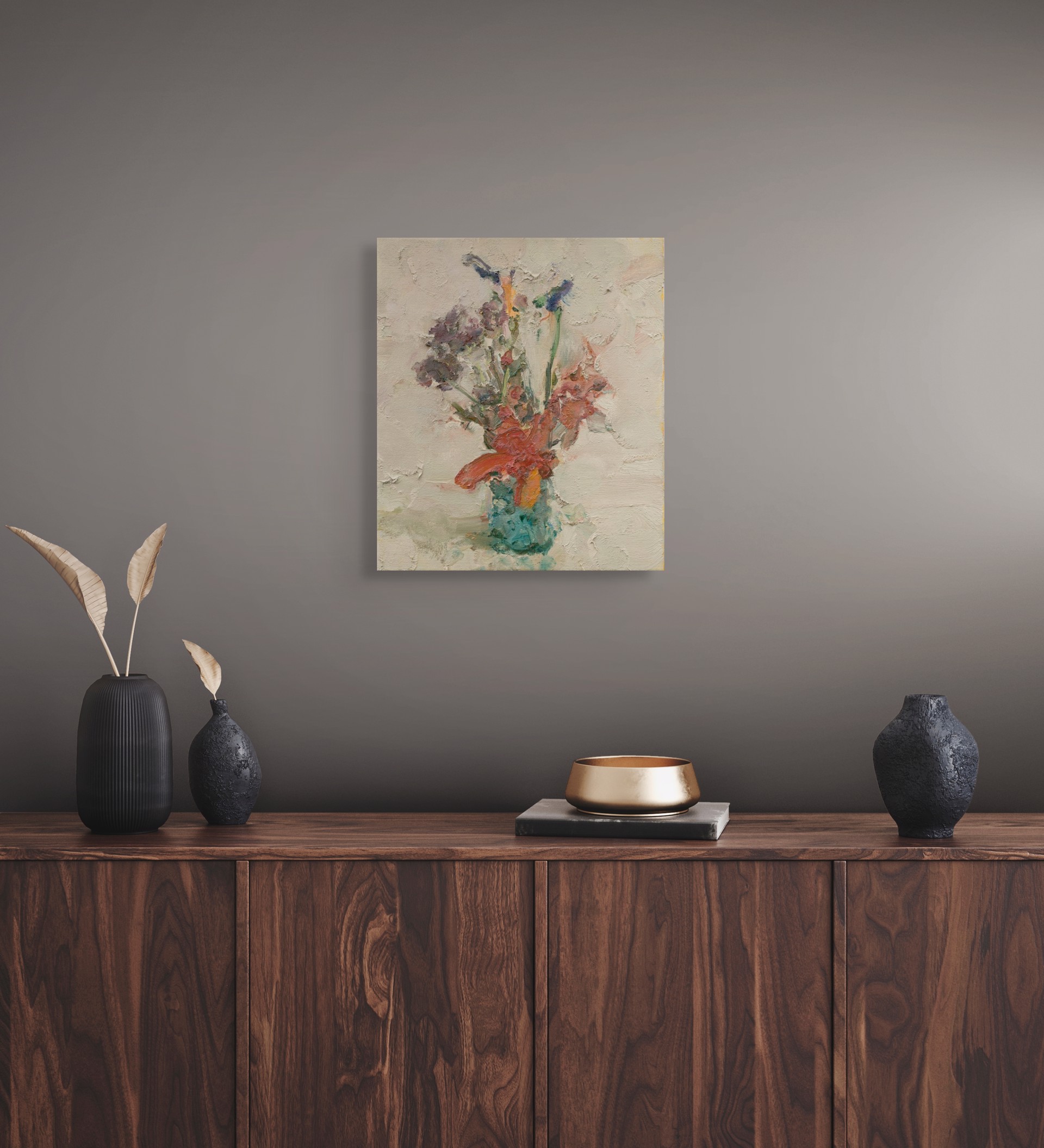 A thickly painted still life of a colorful bouquet in a green vase against a textured background.