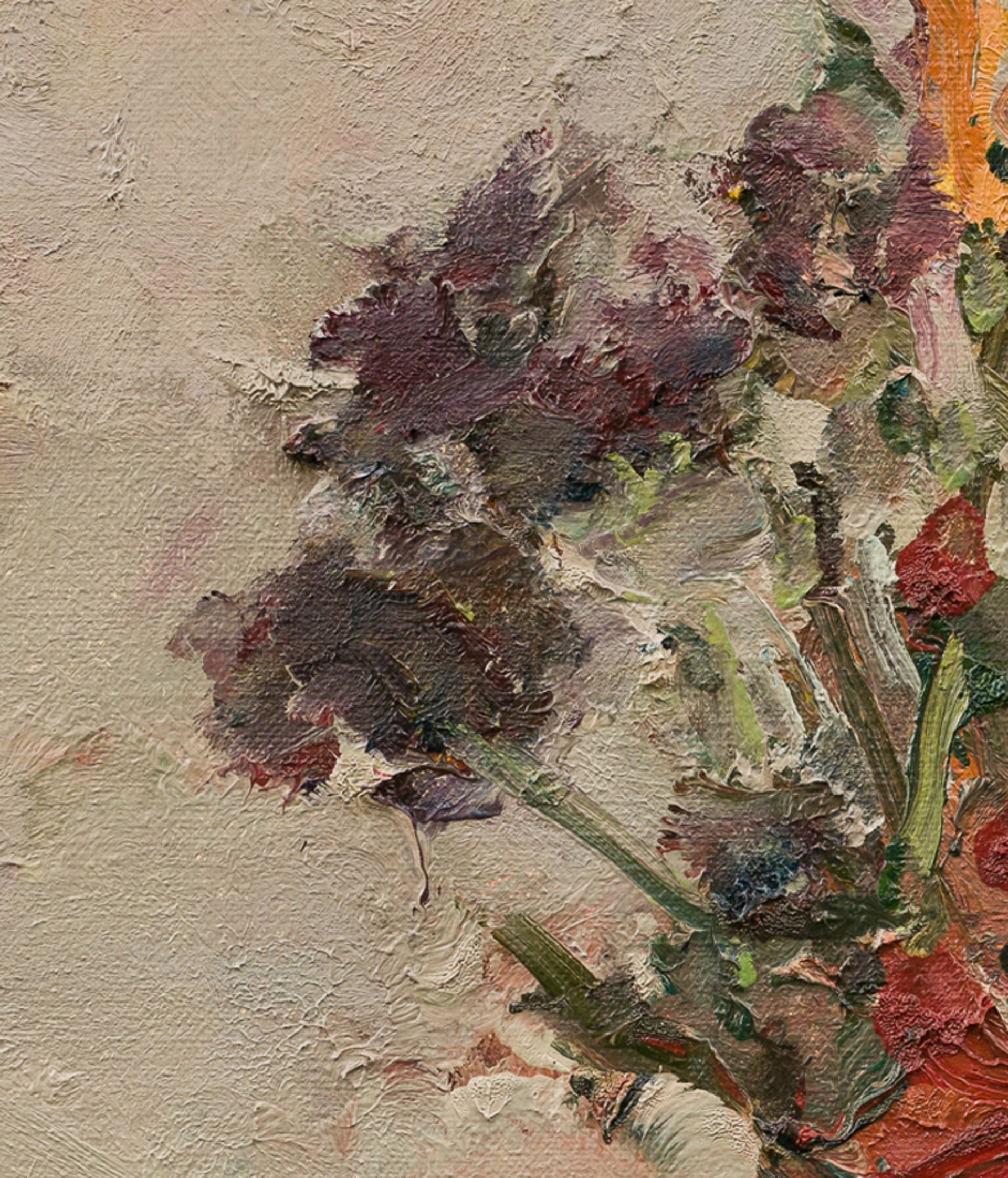 A thickly painted still life of a colorful bouquet in a green vase against a textured background.