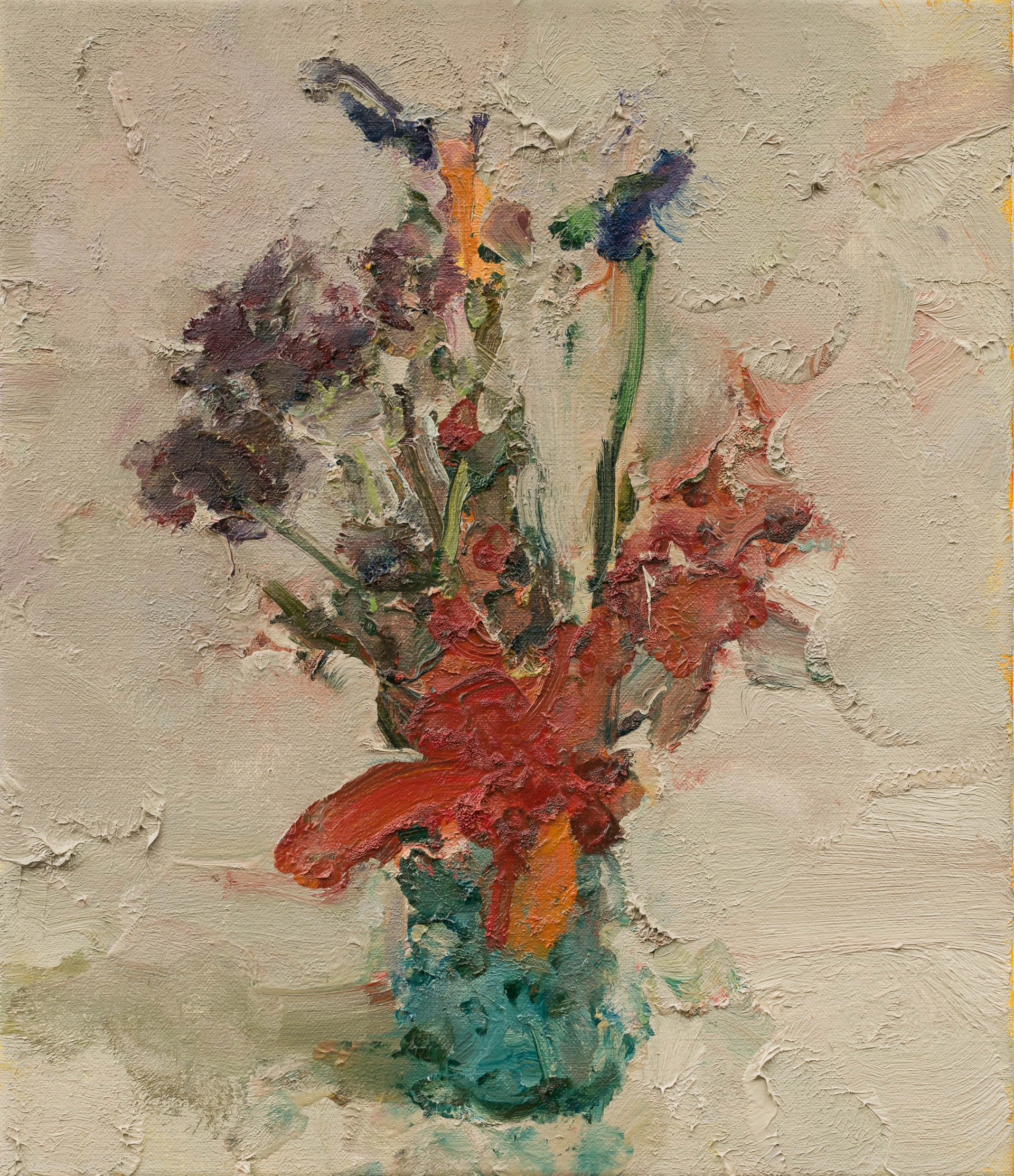 A thickly painted still life of a colorful bouquet in a green vase against a textured background.